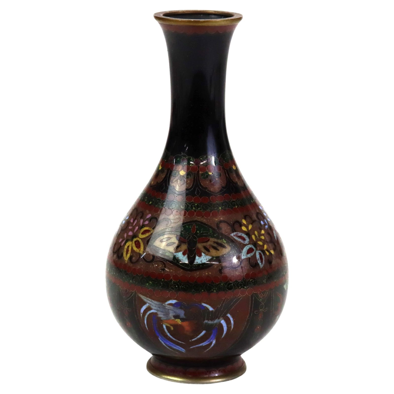 Vintage Cloisonne Bottleneck Vase with Bird and Butterfly C1920 (1 of 7)