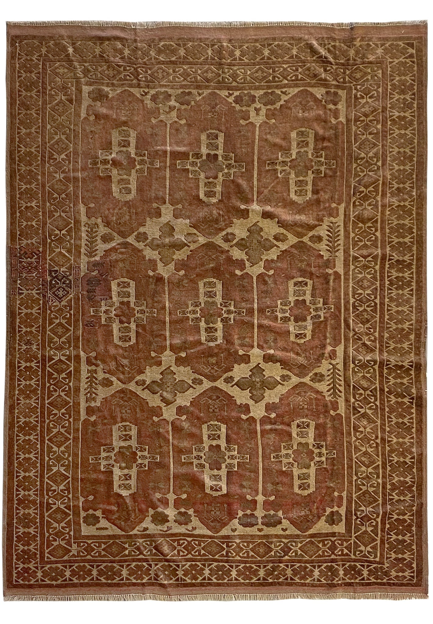 6.7 x 9 Handmade Afghan Tribal Wool Pile Rug: 6.7 x 9 Handmade Afghan Tribal Wool Pile Rug Free continental US Shipping Discover the unique charm of this 6.7 x 9 Old Afghan Tribal Rug, meticulously handcrafted with a raised wool pile, showcasing