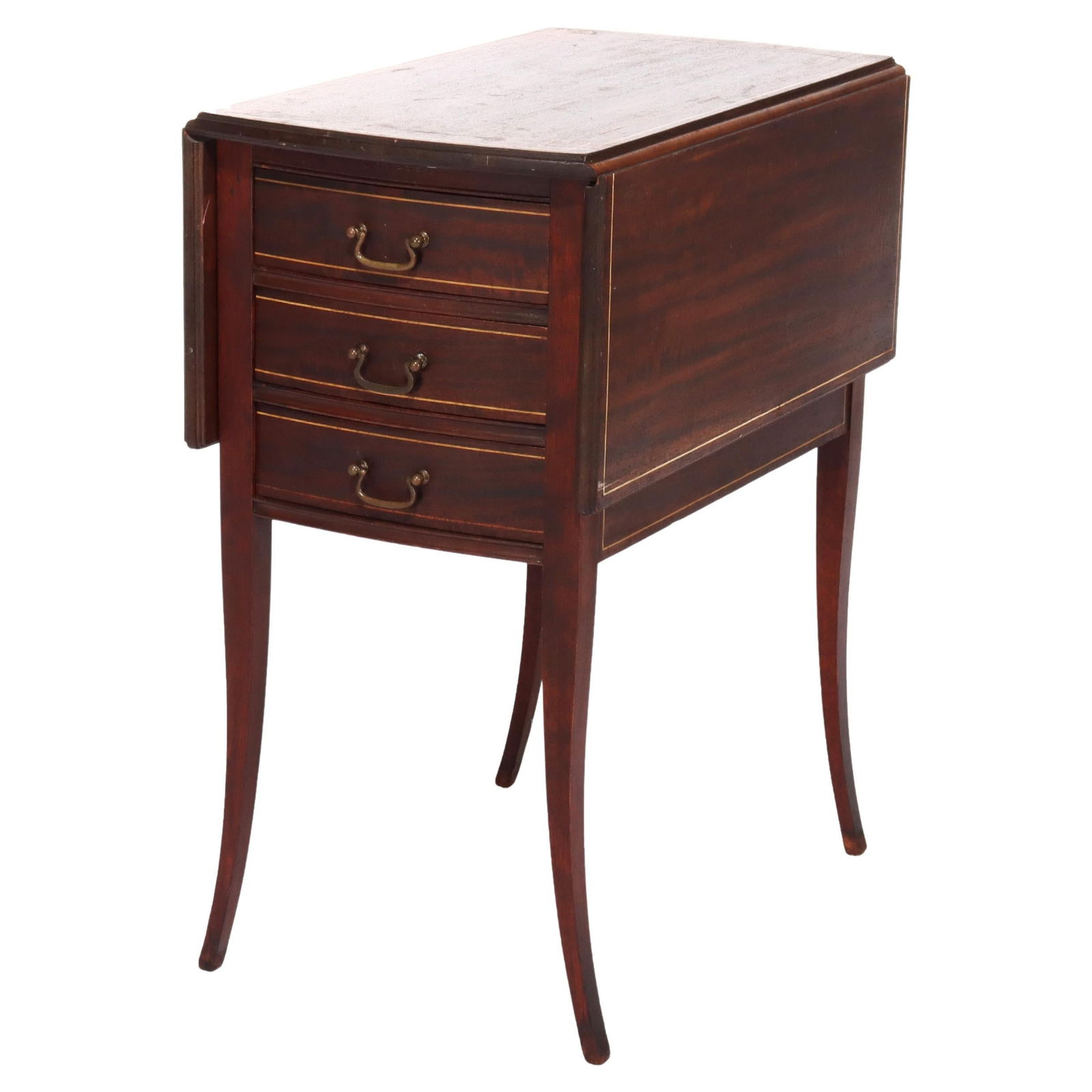 Vintage Mahogany Inlay 3-Drawer Sewing Stand Circa 1920: Vintage Mahogany Inlay 3-Drawer Sewing Stand Circa 1920 This exquisite antique sewing stand, crafted from rich mahogany and featuring intricate inlay work, dates back to circa 1920. With three