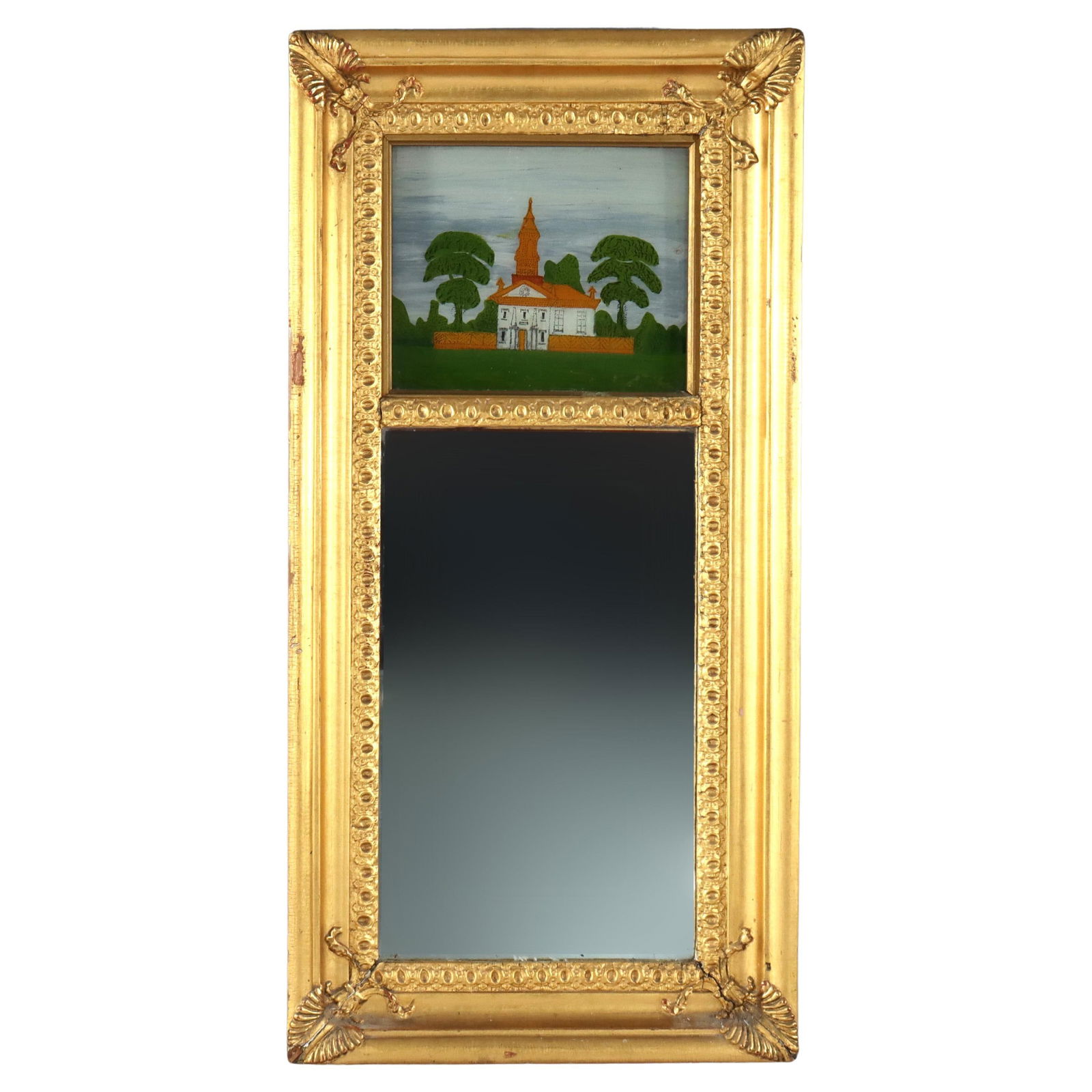 19th Century Federal Trumeau Giltwood Mirror with Reverse Painted Scene: 19th Century Federal Trumeau Giltwood Mirror with Reverse Painted Scene This exquisite 19th-century Federal Trumeau mirror showcases a stunning reverse-painted panel featuring a charming landscape sce