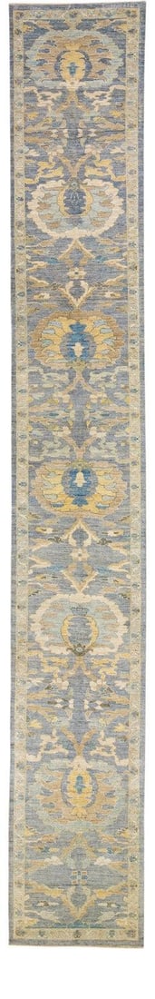 Modern Sultanabad Handmade Floral Wool Runner 3'7 x 25'10 Blue (1 of 9)