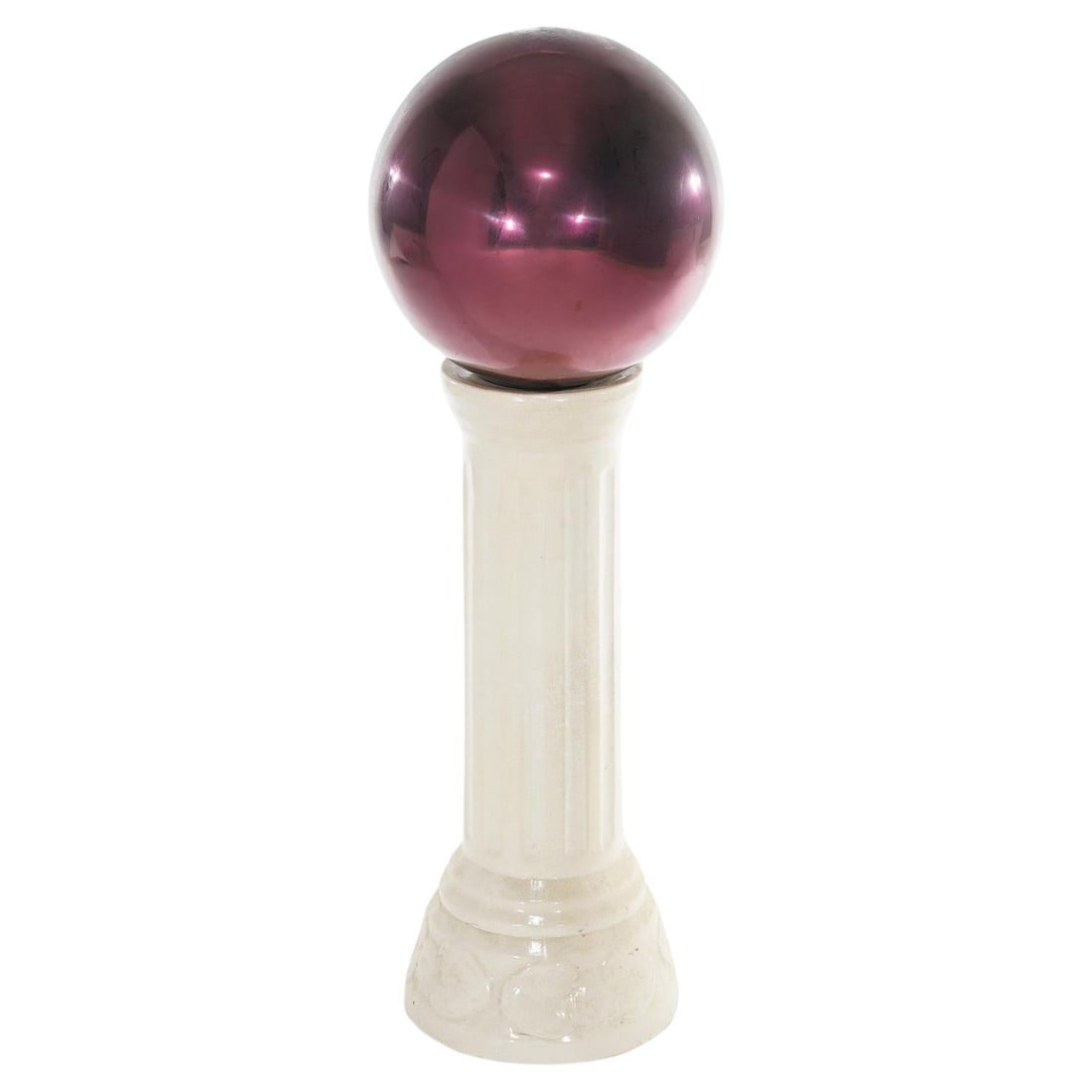 20th Century Glass Gazing Globe on Pottery Pedestal: 20th Century Glass Gazing Globe on Pottery Pedestal Enhance your garden with this striking glass garden gazing globe mounted on a beautifully crafted pottery pedestal. This decorative piece features a