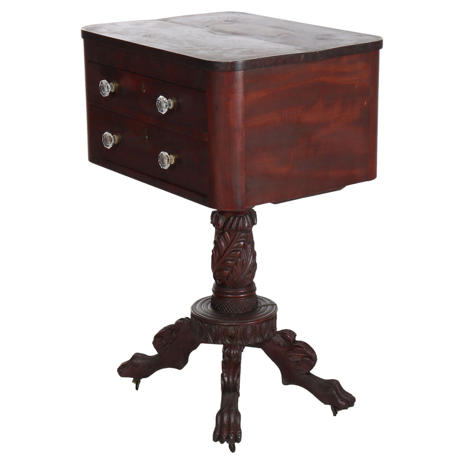 American Empire Quervelle School Mahogany Work Stand C1840 31H x 20.75W x 17.25D: American Empire Quervelle School Mahogany Work Stand C1840 31H x 20.75W x 17.25D This exquisite American Empire work stand, crafted in the Quervelle School style circa 1840, showcases the elegance of