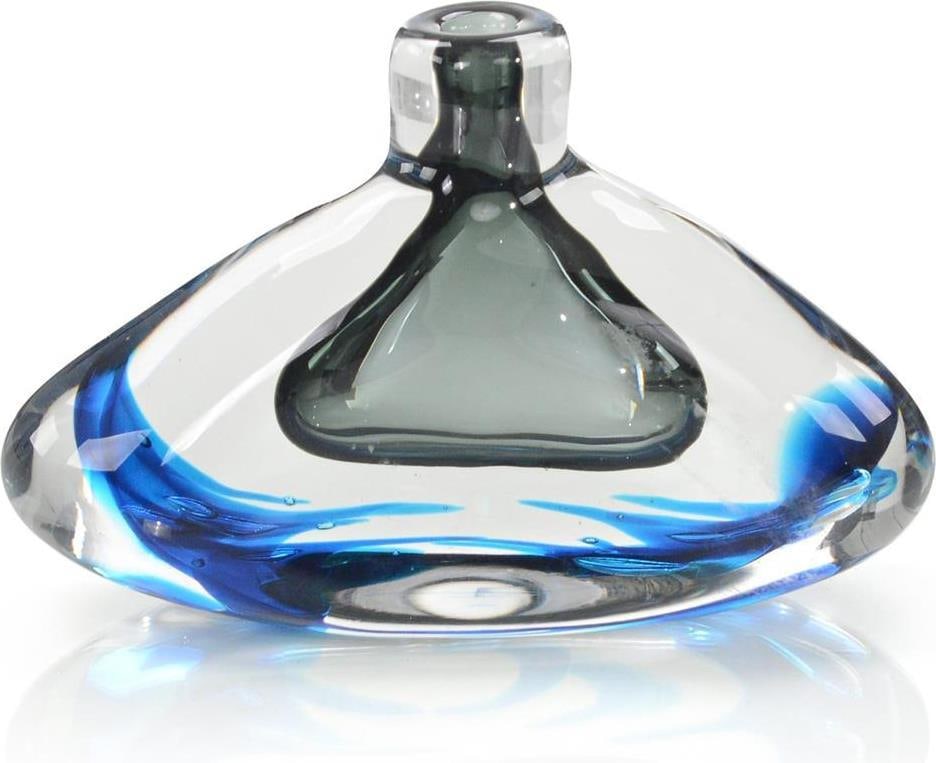 John-Richard Handblown Sky Blue Glass Vase 6.5H x 10W x 3D: John-Richard Handblown Sky Blue Glass Vase 6.5H x 10W x 3D This distinctive handblown vase showcases a beautiful sky blue hue, perfect for adding a touch of elegance to any space. Crafted from high-qu