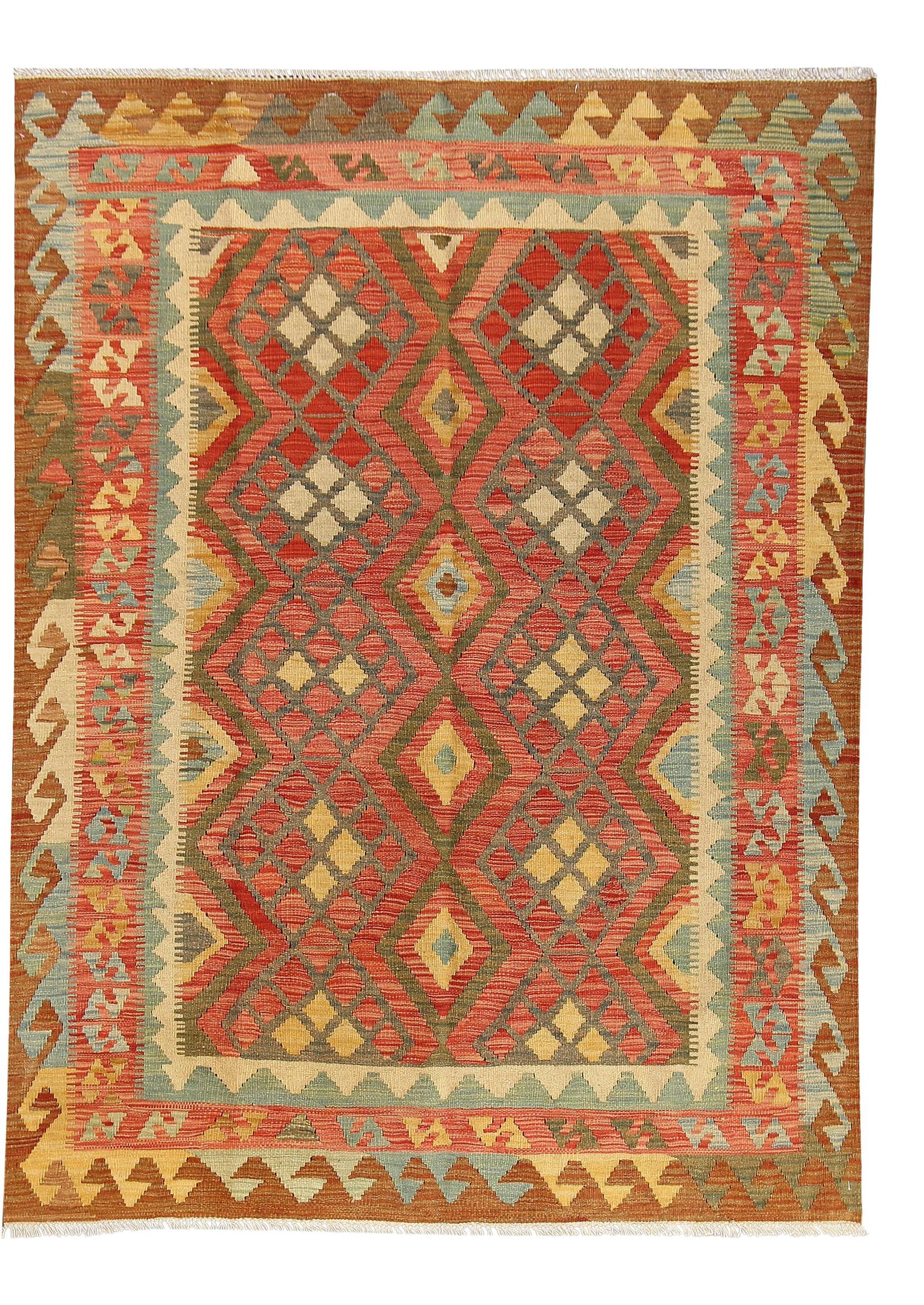 Hand-Woven Modern Kilim Rug Wool Geometric Design 5' x 6'6 (1 of 7)