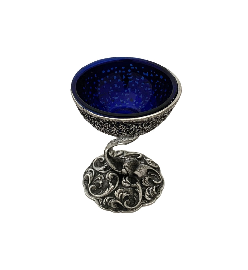 Italian 925 Sterling Silver Barocco Lace Blue Glass Salt Holder - 2