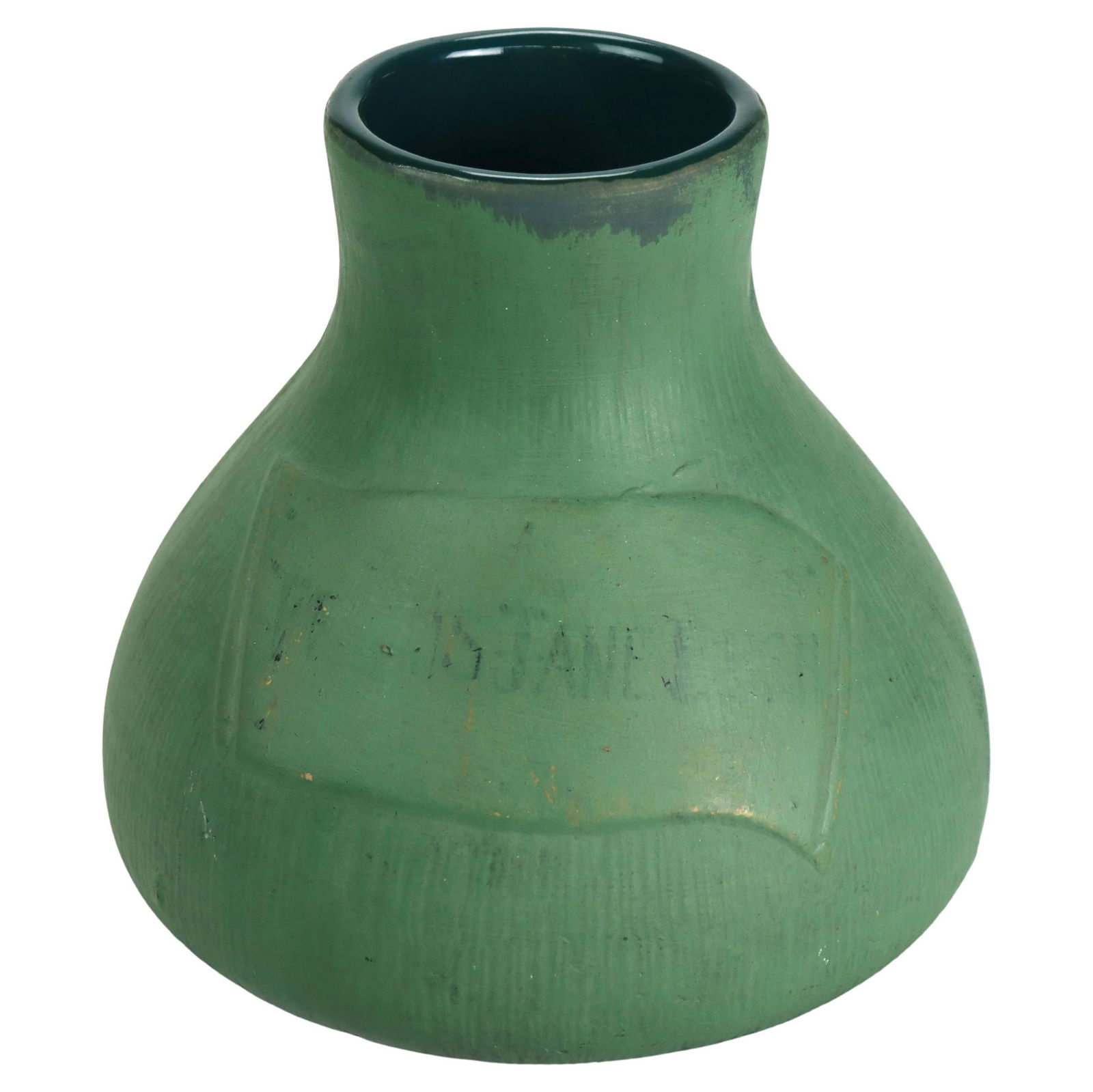 Signed Antique Arts and Crafts Matte Green Pottery Vase C1910: Signed Antique Arts and Crafts Matte Green Pottery Vase C1910 This exquisite antique Arts and Crafts pottery vase, dated circa 1910, showcases a distinctive bulbous shape accentuated by a rich matte