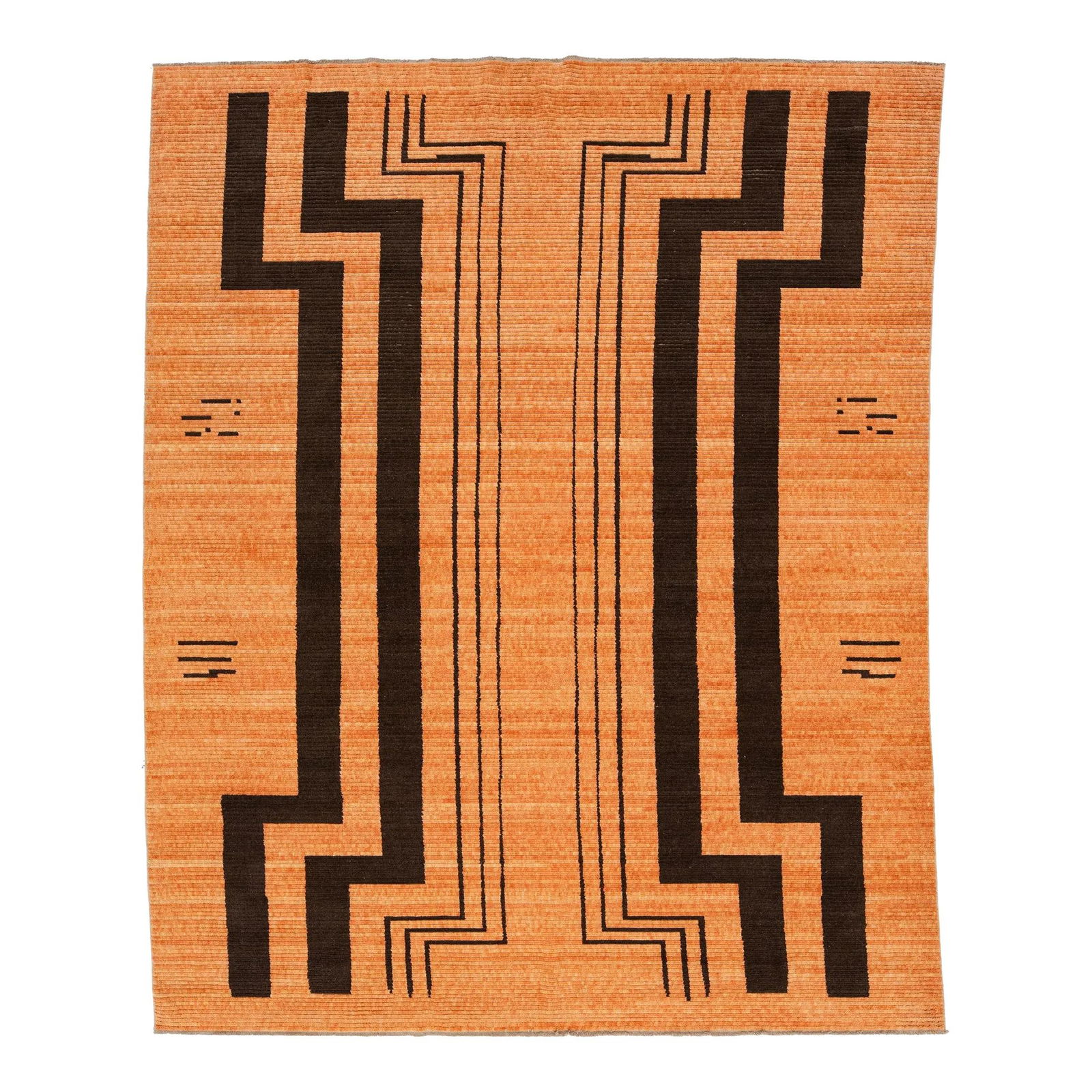 Vibrant Orange 10 x 12 Hand Loomed Wool Rug with Geometric Design: Vibrant Orange 10 x 12 Hand Loomed Wool Rug with Geometric Design This captivating hand-loomed modern wool rug features a vibrant orange background that serves as the perfect canvas for an intricate