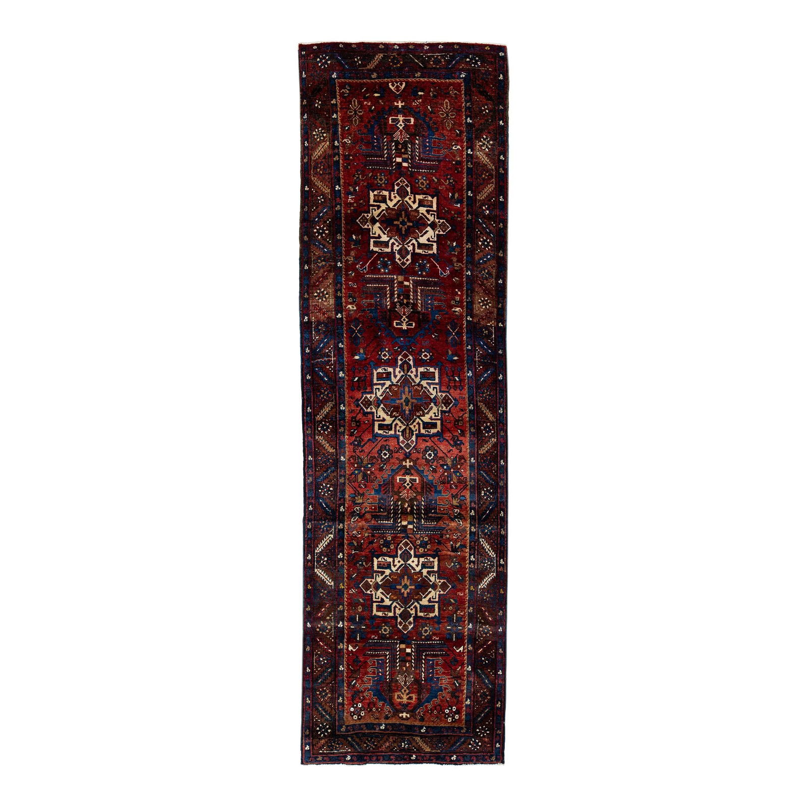 Vintage Persian Heriz Navy Blue Wool Runner 3' x 10'9" Medallion Design: Vintage Persian Heriz Navy Blue Wool Runner 3' x 10'9" Medallion Design Enhance your space with this exquisite vintage Persian Heriz hand-knotted wool runner, showcasing a rich navy blue field