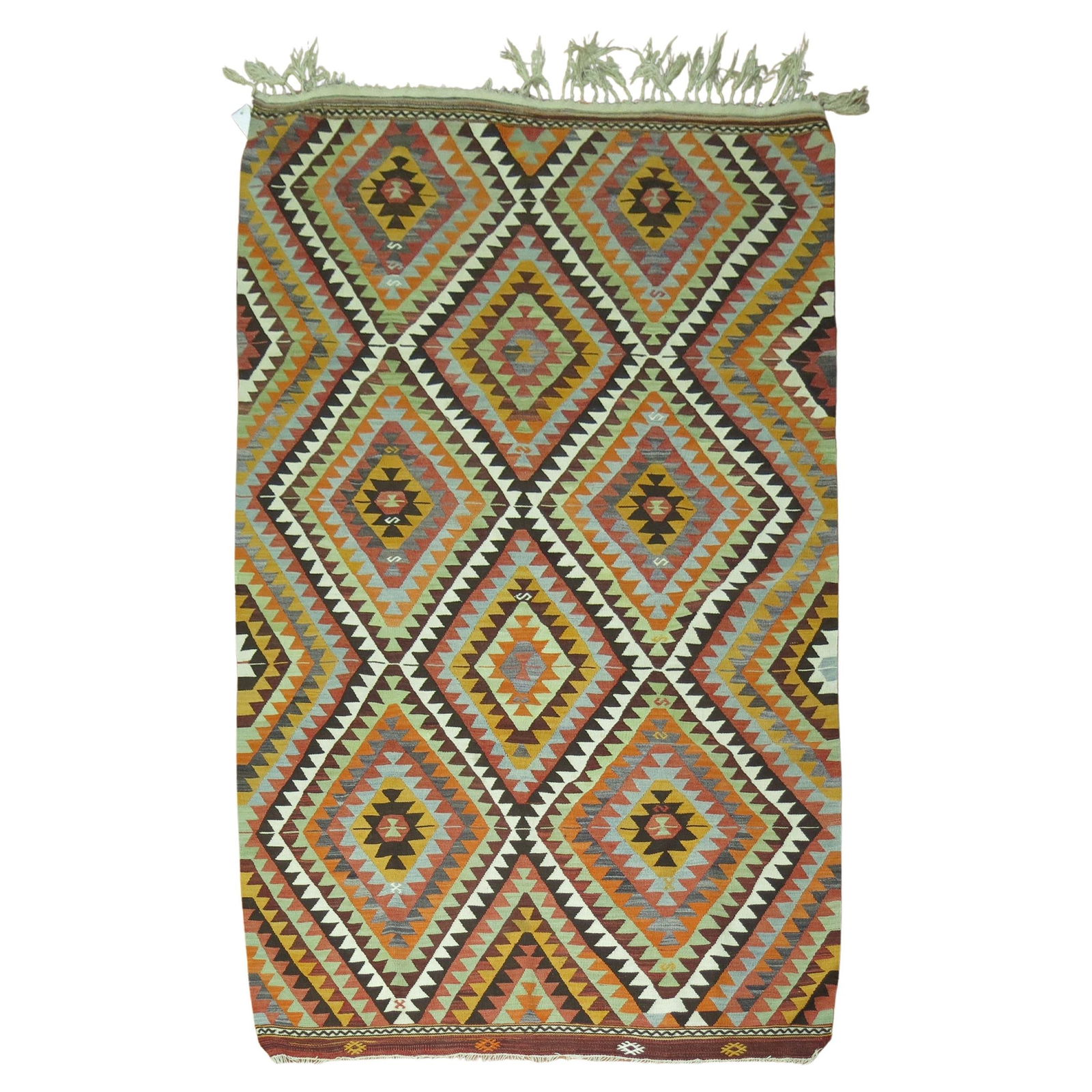 Mid-20th Century Navajo Turkish Kilim Wool Rug 60 x 89: Mid-20th Century Navajo Turkish Kilim Wool Rug 60 x 89 This stunning Tribal Vintage Turkish Kilim features a distinctive Navajo style, showcasing intricate geometric patterns that add a unique charm