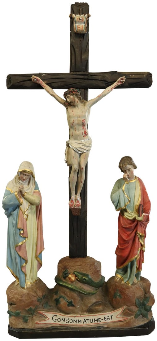 Antique French Crucifix 1900 Chalkware Wood Ebony Finish (1 of 12)
