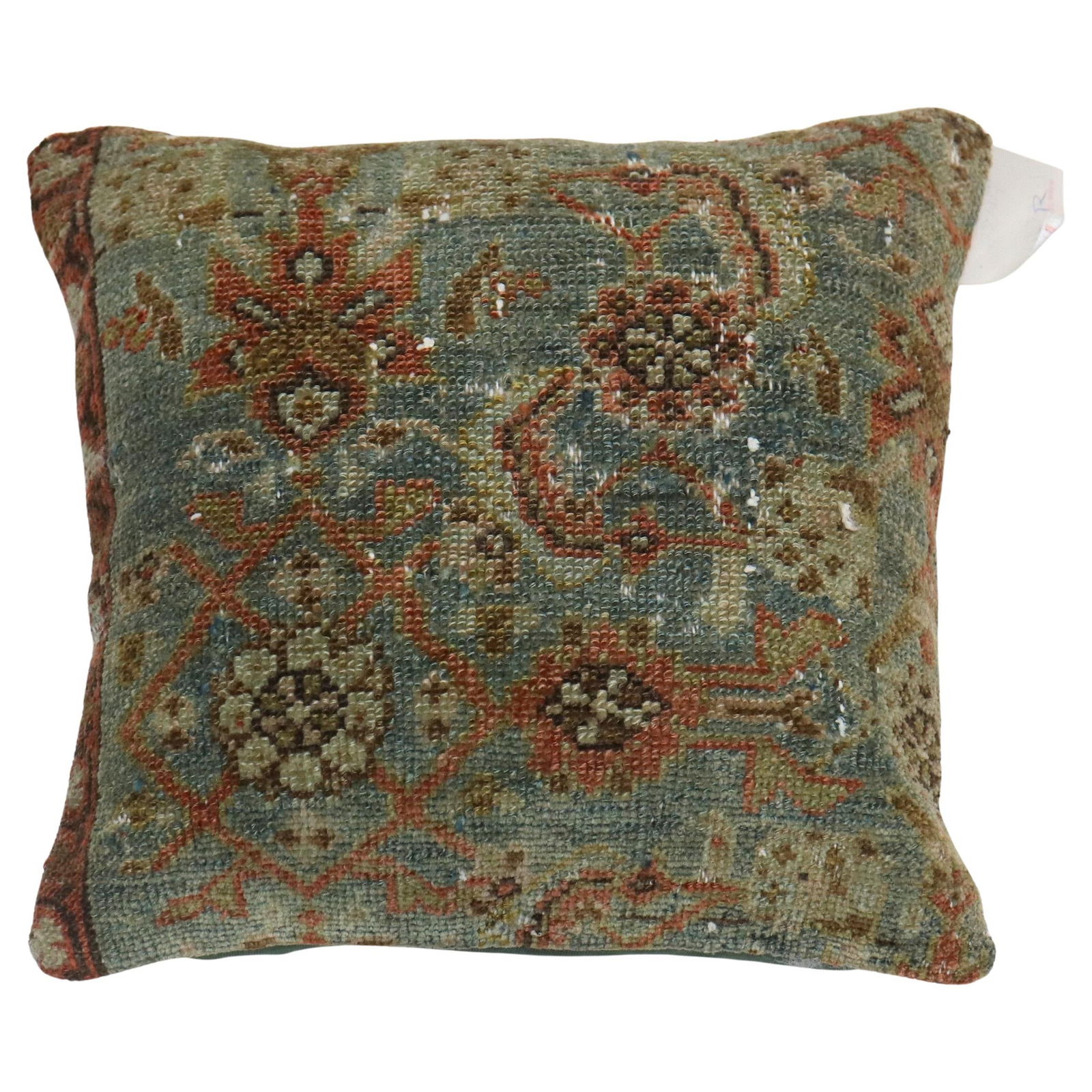 Sea Foam Tabriz Style Wool Pillow from Antique Persian Rug: Sea Foam Tabriz Style Wool Pillow from Antique Persian Rug Elevate your home decor with this Sea Foam Terracotta Persian Traditional Wool Antique Rug Pillow, crafted from a 20th-century Persian rug. T
