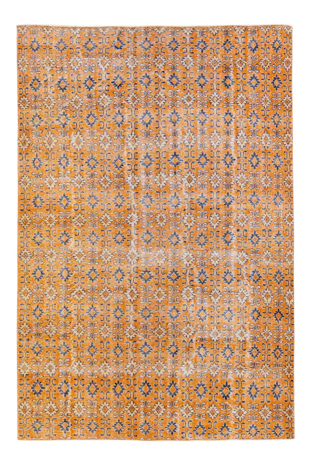Vintage Turkish Deco Wool Rug Orange Floral Pattern 6'6 x 9'8 (1 of 9)