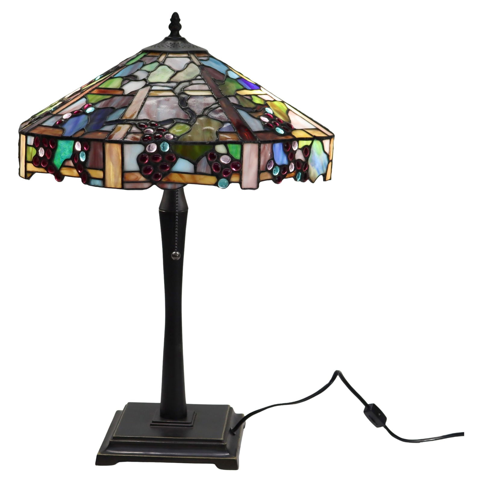 20th Century Arts & Crafts Leaded Stained Glass Table Lamp with Grape Motifs: 20th Century Arts & Crafts Leaded Stained Glass Table Lamp with Grape Motifs Illuminate your space with this exquisite Arts & Crafts Leaded Stained Glass Table Lamp from the 20th century. This lamp sh
