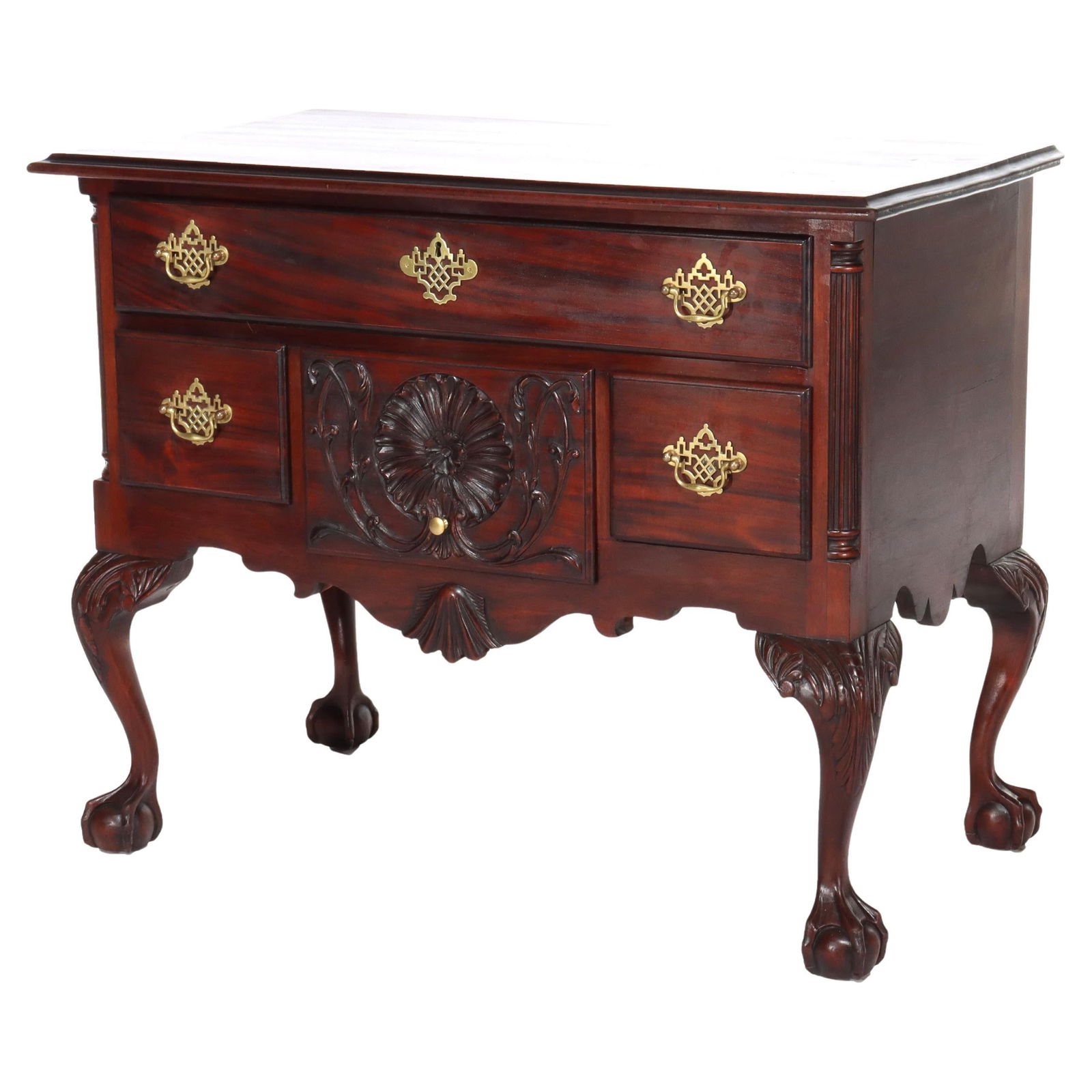 Chippendale Low Boy Antique Mahogany C1920 with Carved Shell Floral Motifs: Chippendale Low Boy Antique Mahogany C1920 with Carved Shell Floral Motifs This exquisite Antique Chippendale Low Boy, crafted circa 1920, features intricate carved shell and floral motifs, highlighti