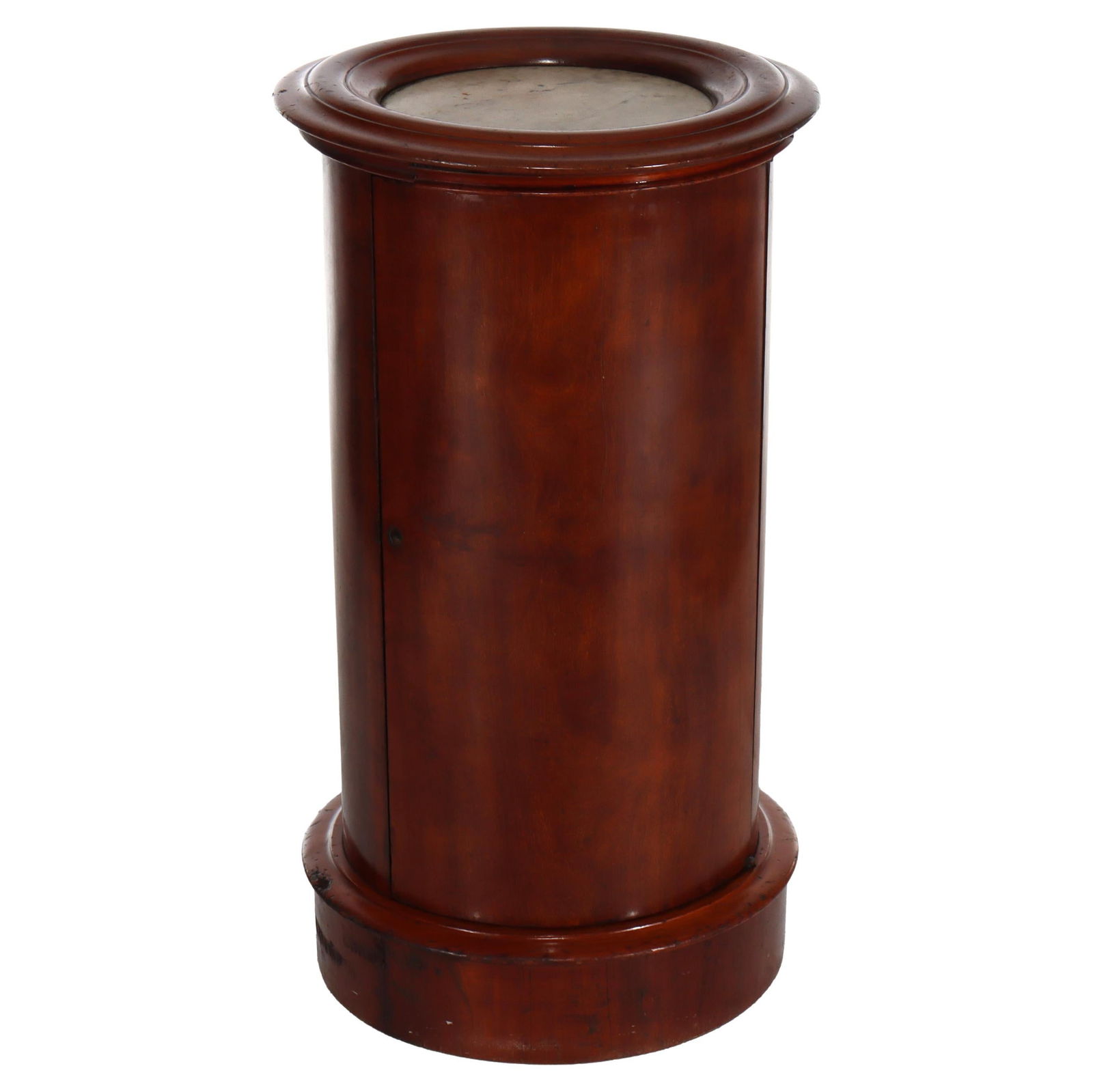 Antique C1890 Mahogany Cellarette with Marble Top: Antique C1890 Mahogany Cellarette with Marble Top This antique cellarette, dating from circa 1890, showcases a beautifully crafted mahogany body complemented by a smooth marble top. The cylindrical