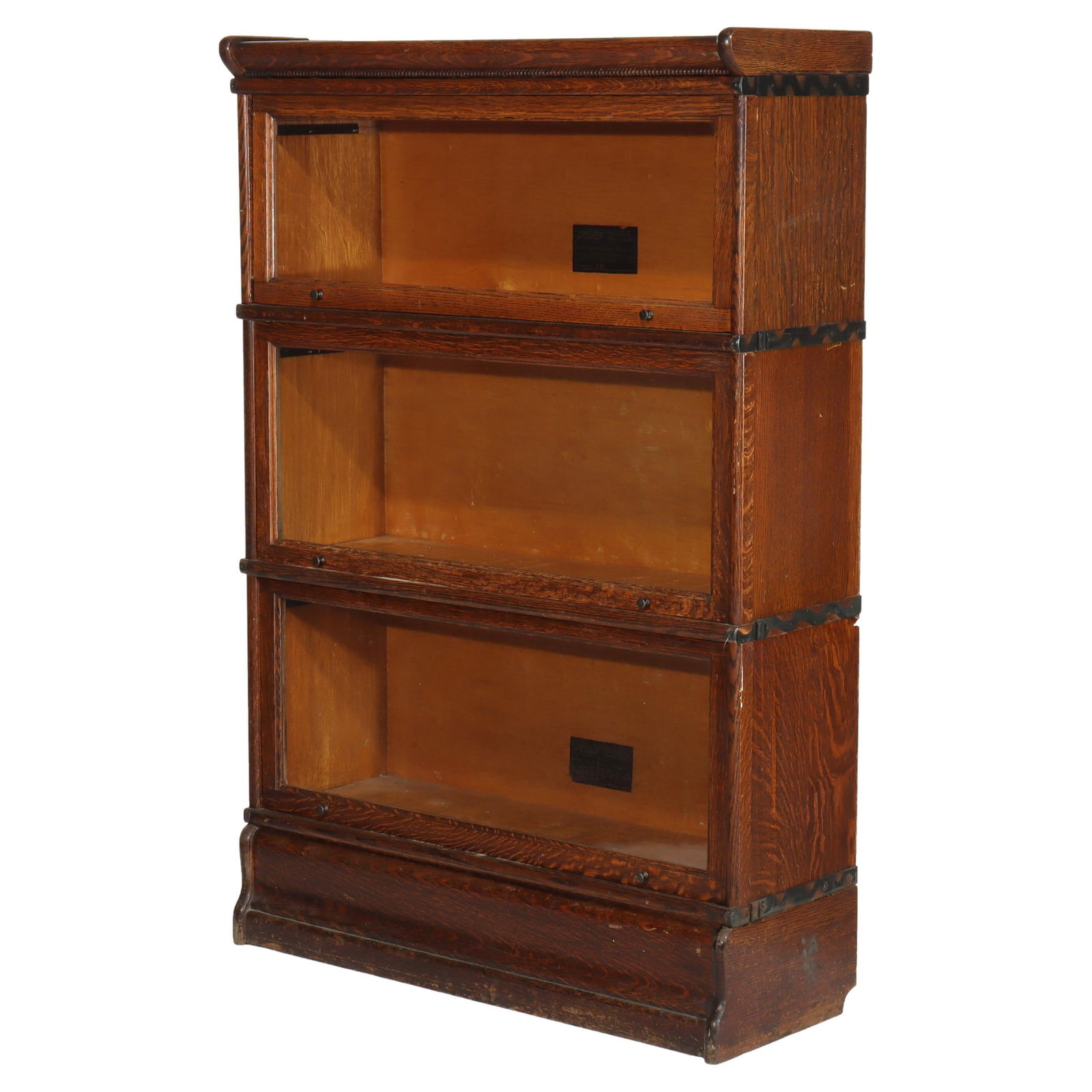 Macey Arts and Crafts Oak Barrister Bookcase Circa 1920: Macey Arts and Crafts Oak Barrister Bookcase Circa 1920 Discover the elegance of this Arts & Crafts Macey oak barrister bookcase, crafted circa 1920. This distinctive piece features three stacking sec