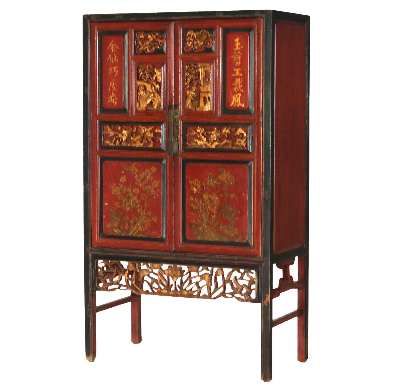 Antique Chinese Gilt Cinnabar Ebonized Floral Carved Wardrobe C1920 (1 of 18)