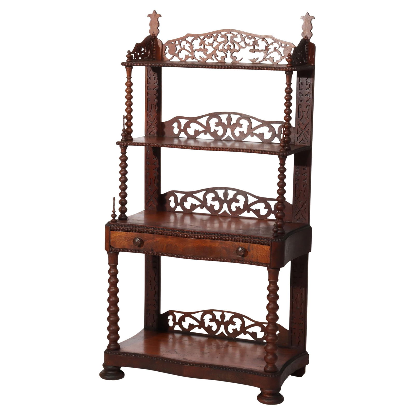 Victorian Antique Rosewood Four-Shelf Etagere with Drawer c1890: Victorian Antique Rosewood Four-Shelf Etagere with Drawer c1890 This exquisite Antique Victorian Carved Rosewood Filigree Etagere from circa 1890 showcases the artistry of the late 19th century. Stand