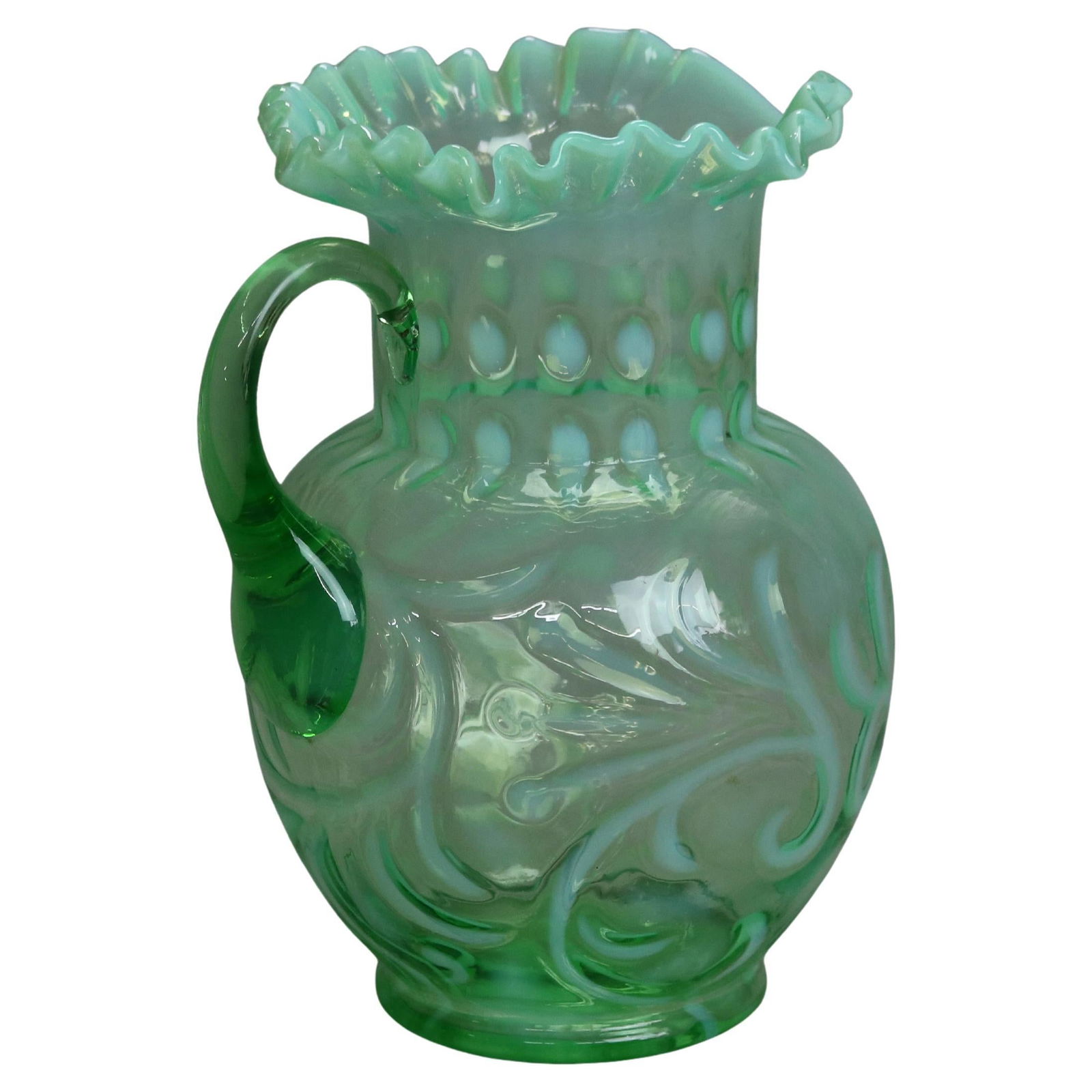 Victorian Green Opalescent Glass Pitcher C1900 Ruffled Rim (1 of 5)