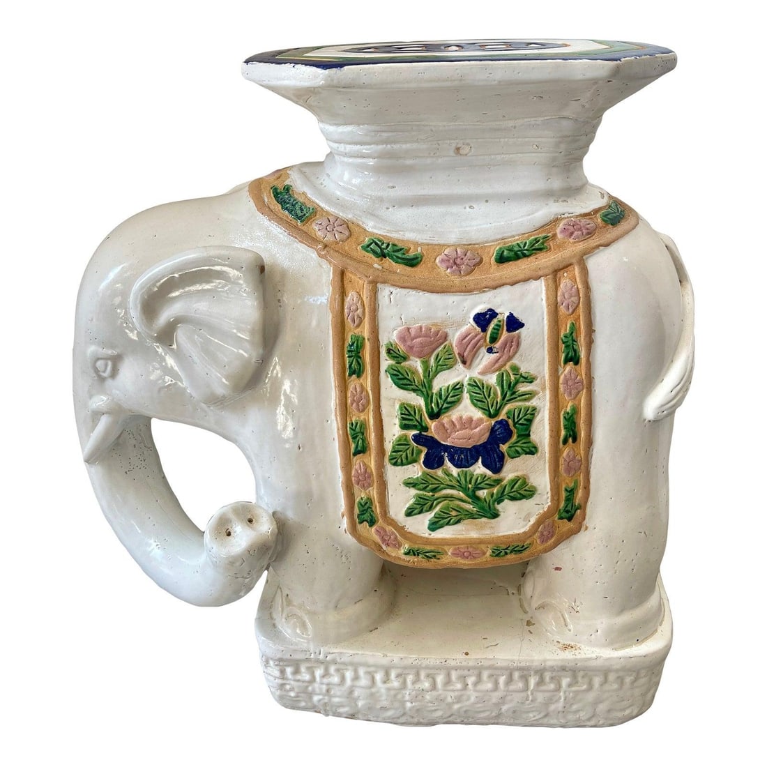 Mid Century Large White Elephant Terracotta Garden Stool: Mid Century Large White Elephant Terracotta Garden Stool This stunning Mid Century Large White Elephant Garden Stool, crafted from glazed terracotta, serves as a unique and functional piece of garden
