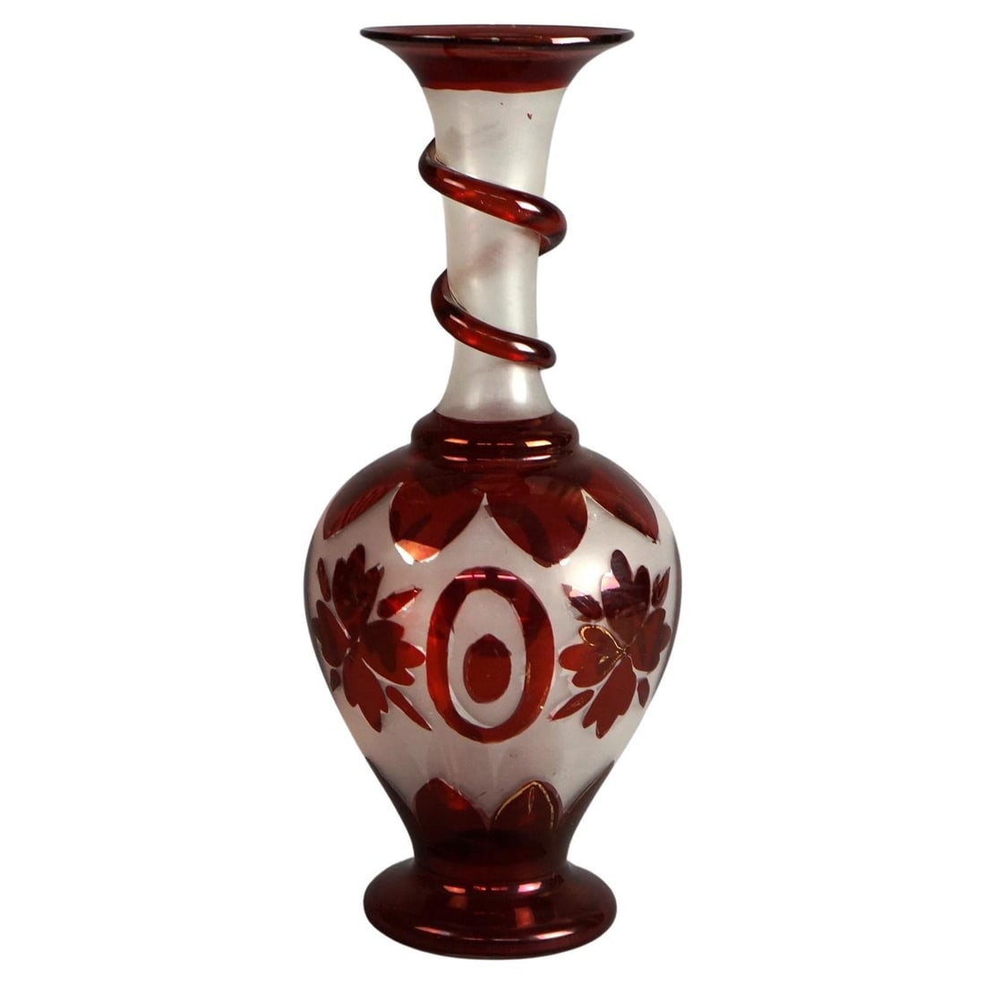 Bohemian Art Glass Vase with Floral Motifs and Applied Decoration c1900: Bohemian Art Glass Vase with Floral Motifs and Applied Decoration c1900 This antique Bohemian blown glass vase, dating to circa 1900, showcases intricate floral designs and applied decorative elements