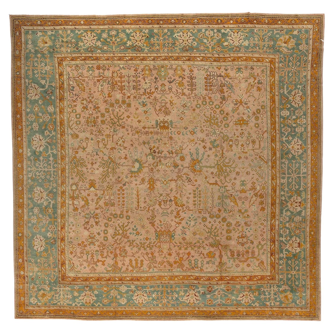 Oversize Square Turkish Oushak Rug Wool Hand-Knotted 16'10'' x 17': Oversize Square Turkish Oushak Rug Wool Hand-Knotted 16'10'' x 17' This stunning oversize square Turkish Oushak rug showcases an all-over design set against a soft pink background. Crafted from