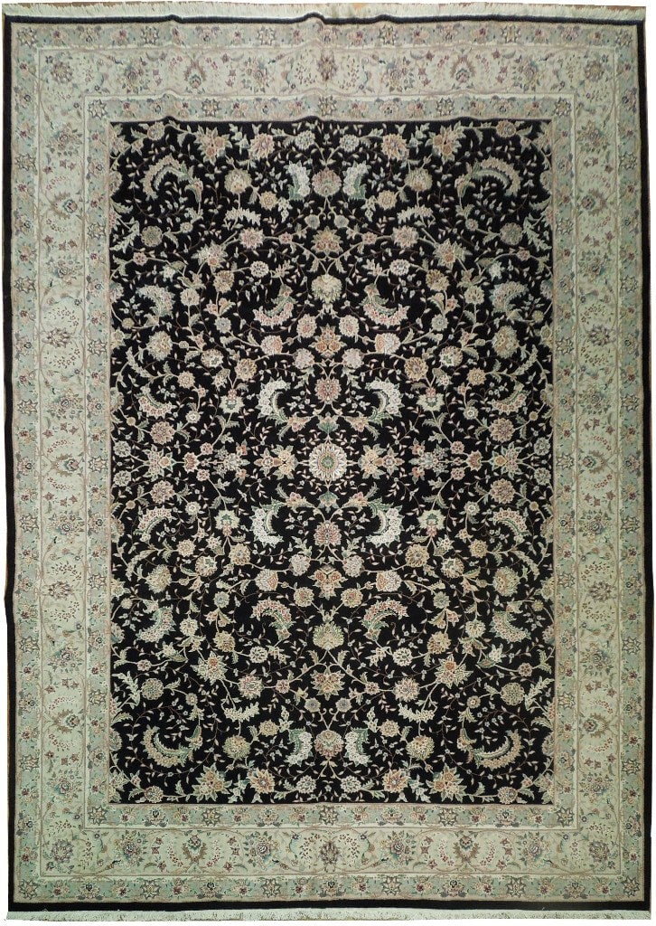 Luxurious 9.10 x 14 Hand-Knotted Black Silk & Wool Area Rug: Luxurious 9.10 x 14 Hand-Knotted Black Silk & Wool Area Rug Free continental US Shipping Introducing an exquisite 9.10' x 14' Black Silk & Wool Rug, a stunning fusion of luxury and sophistication for