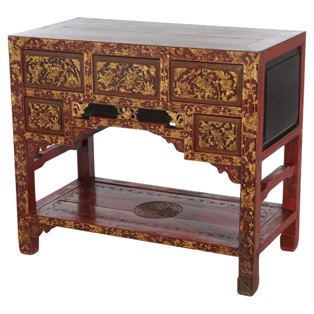 Antique Chinese Cinnabar Lacquer Giltwood Tea Server C1920: Antique Chinese Cinnabar Lacquer Giltwood Tea Server C1920 This exquisite antique Chinese tea server, dating to circa 1920, showcases the intricate artistry of cinnabar lacquer and giltwood craftsmans