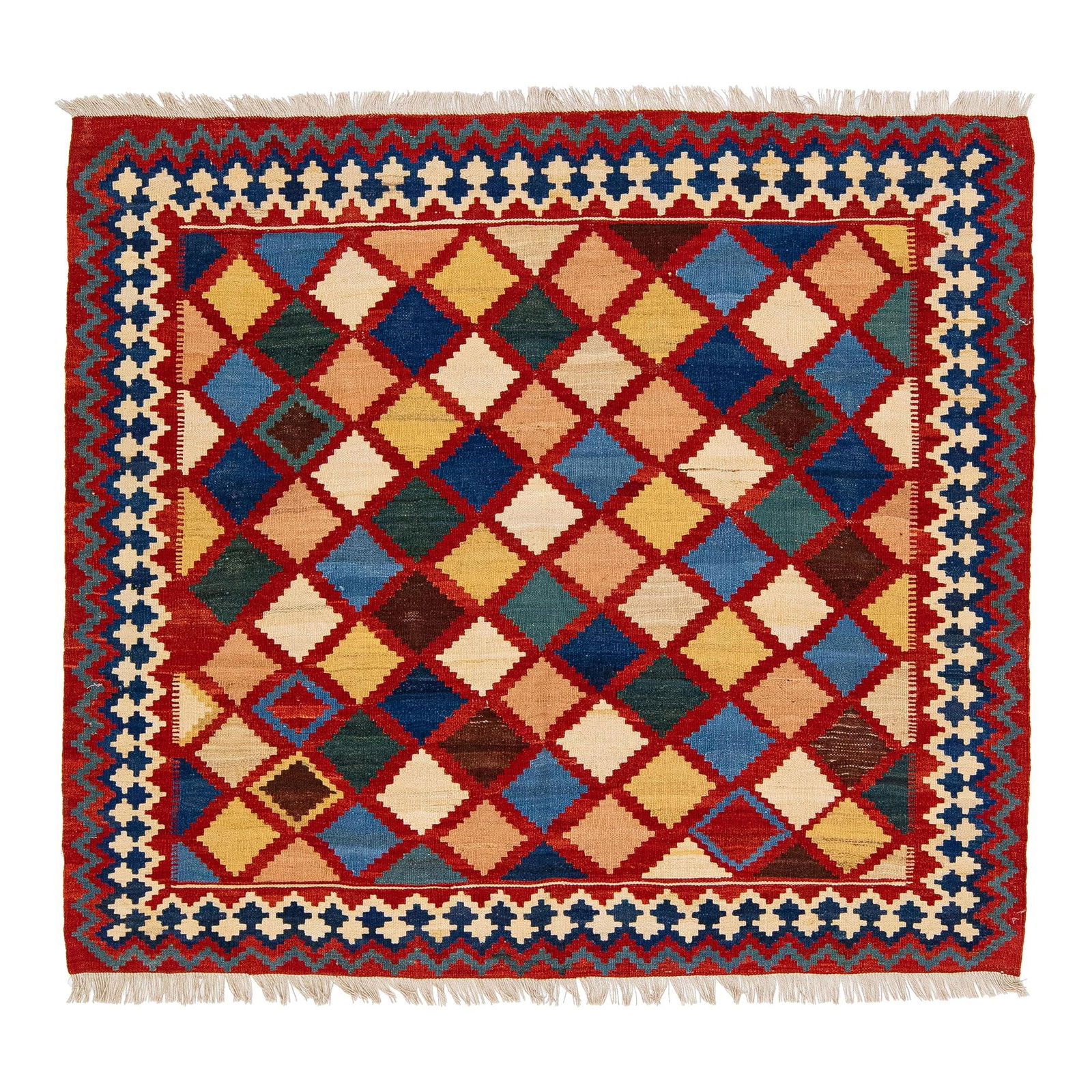 Vintage 1960s Handmade Multicolor Geometric Wool Kilim Rug 4'8" x 5'1": Vintage 1960s Handmade Multicolor Geometric Wool Kilim Rug 4'8" x 5'1" Add a touch of vintage elegance to your space with this stunning 1960s handmade square Kilim rug. Crafted from high-quality wool,