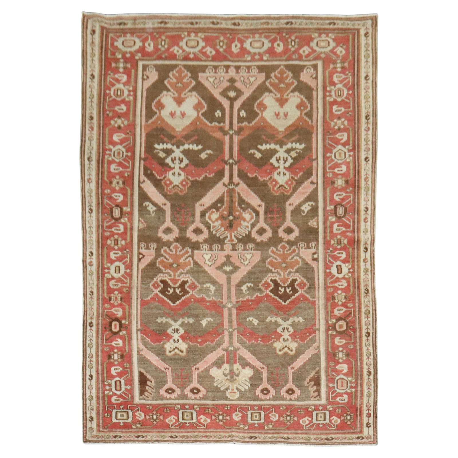 Zabihi Collection Hand-Woven Persian Rug 4'3 x 6'5 Rustic Wool Iran 1930: Zabihi Collection Hand-Woven Persian Rug 4'3 x 6'5 Rustic Wool Iran 1930 This stunning Zabihi Collection Persian rug showcases a rich chocolate brown field adorned with a tribal all-over design in rus