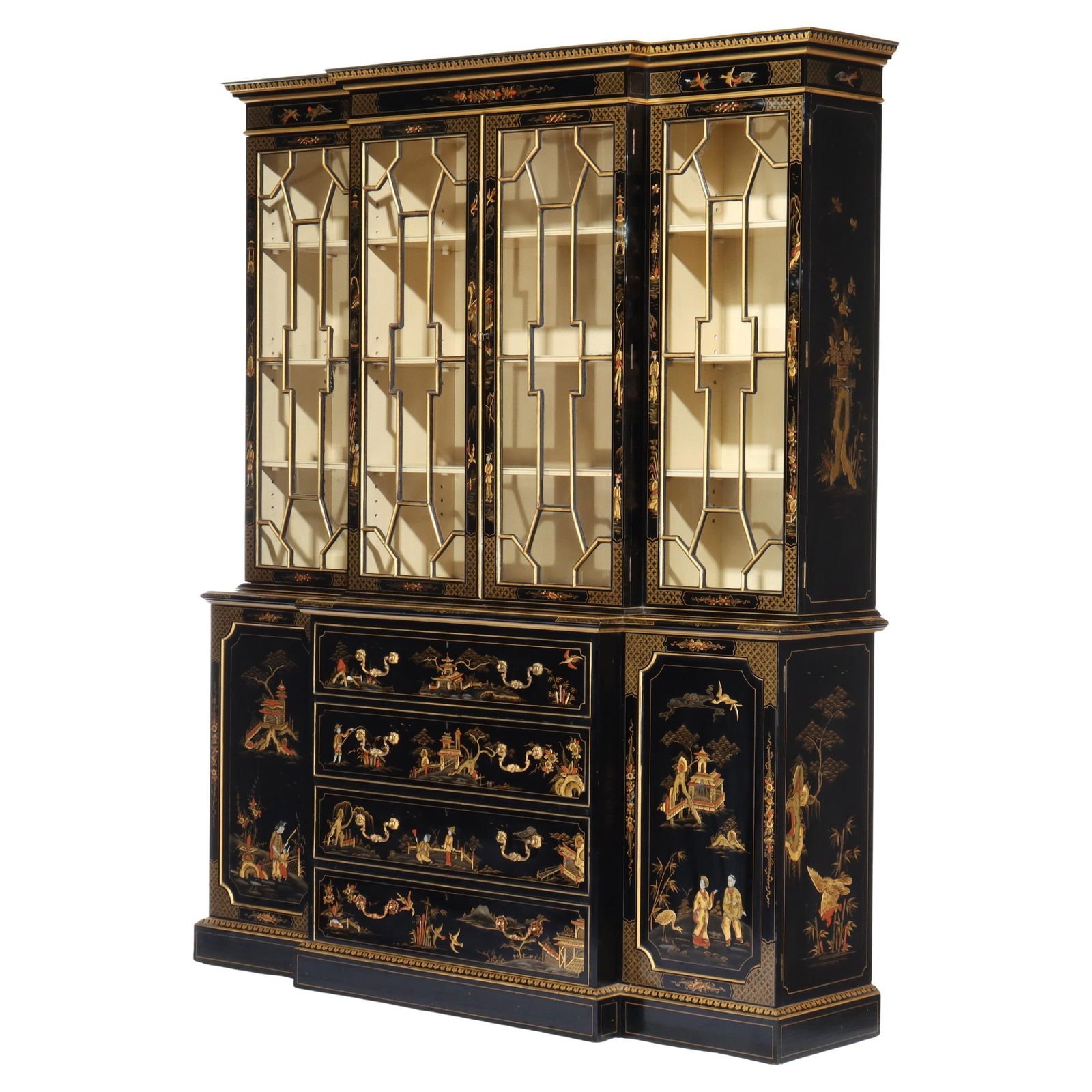 S. Hille & Co. Ebonized Gilt Chinoiserie Cupboard c1930 England: S. Hille & Co. Ebonized Gilt Chinoiserie Cupboard c1930 England This exquisite two-piece breakfront cupboard, crafted by S. Hille & Co., embodies the elegance of English furniture design from the earl