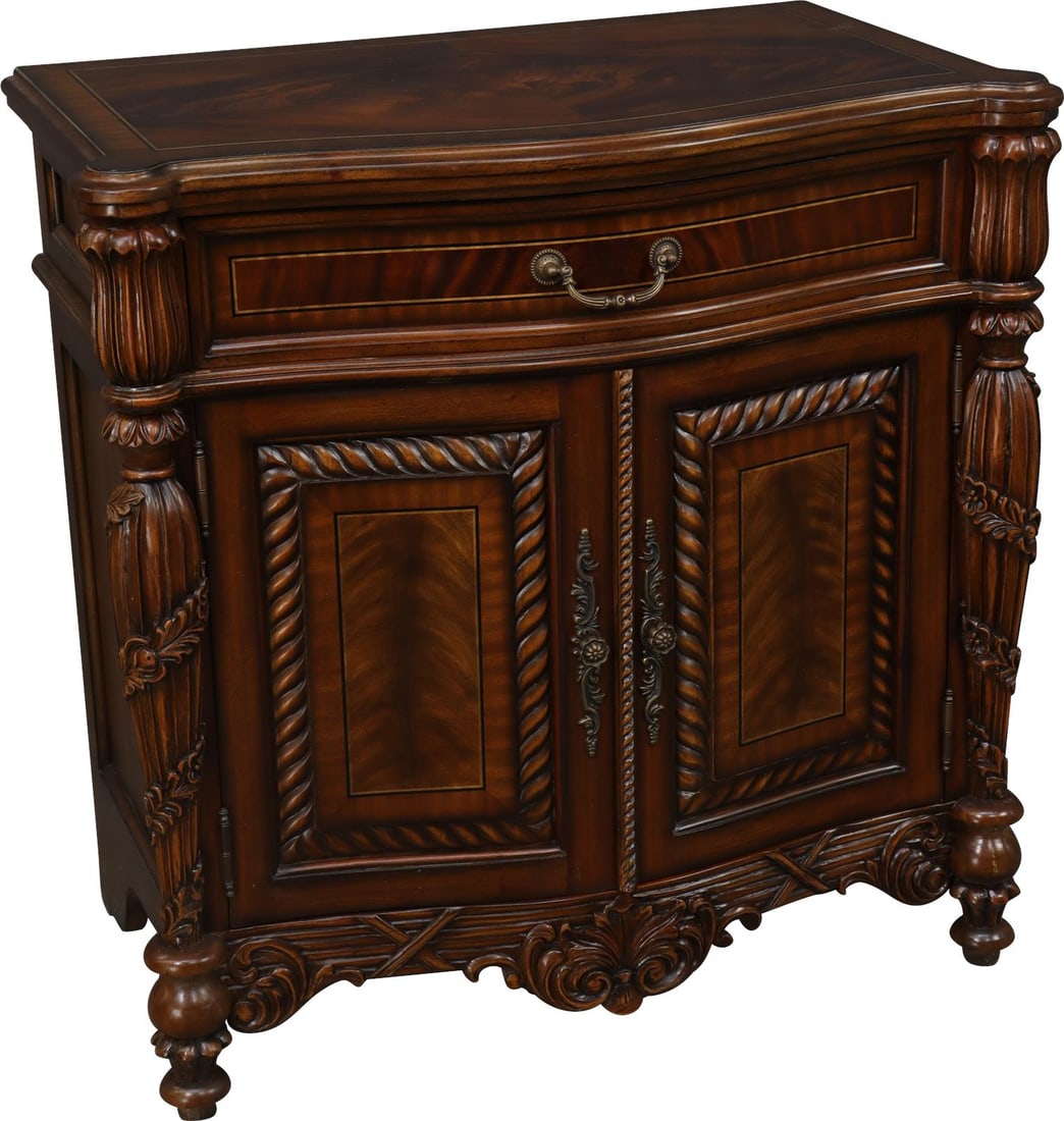 Elegant Lexington Bow Front Mahogany Nightstand with Carved Design: Elegant Lexington Bow Front Mahogany Nightstand with Carved Design Elevate your bedroom decor with this Luxurious Bow Front Mahogany Nightstand. Crafted with exquisite attention to detail, this nights