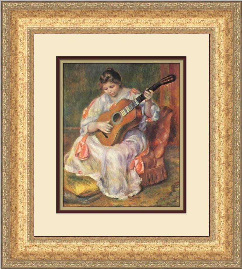 Pierre-Auguste Renoir Woman Playing Guitar Custom Framed Art Print: Pierre-Auguste Renoir Woman Playing Guitar Custom Framed Art Print This stunning custom framed print features the iconic artwork "Woman Playing a Guitar" by Pierre-Auguste Renoir. The piece is beautif