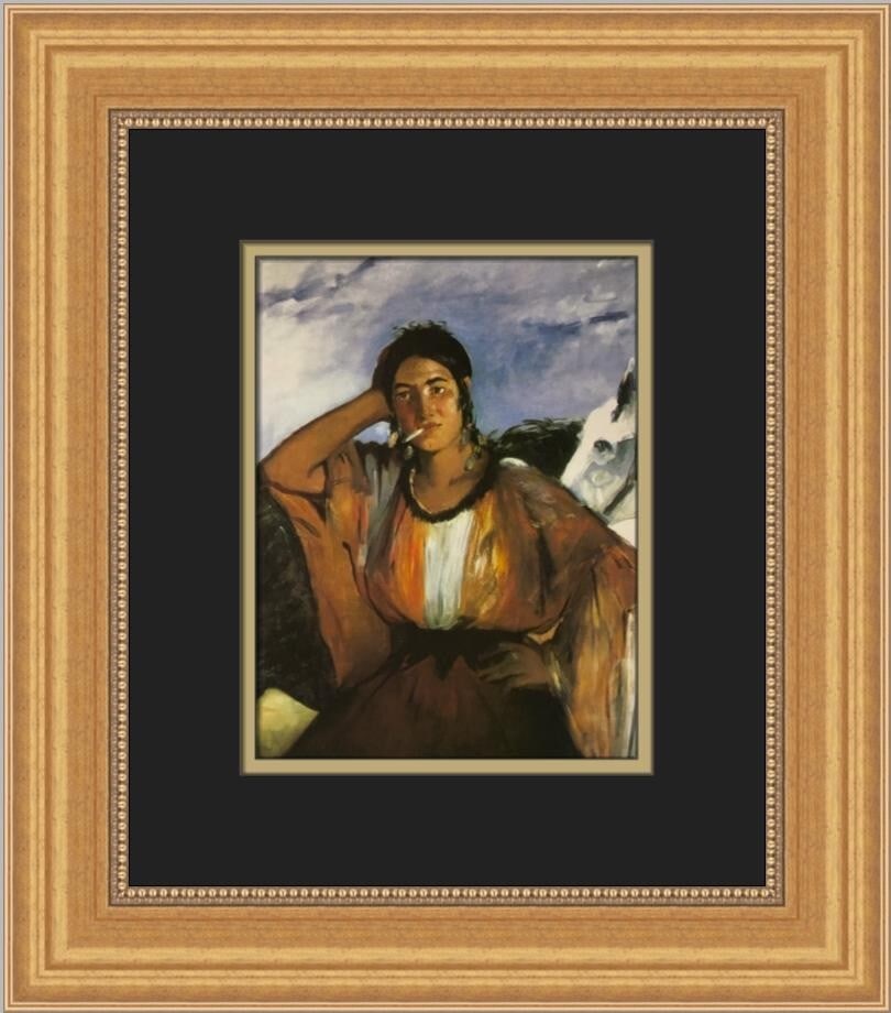 Edouard Manet Gypsy Woman Smoking Cigarette Custom Framed Art Print: Edouard Manet Gypsy Woman Smoking Cigarette Custom Framed Art Print This exquisite custom framed print features Edouard Manet's captivating artwork titled "Gypsy Woman Smoking a Cigarette." Measuring