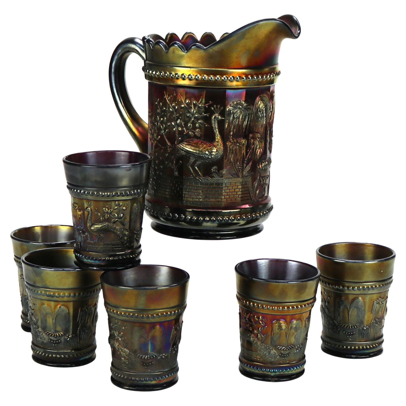 Antique Northwood Carnival Glass Peacocks Set of 7 c1930 (1 of 8)