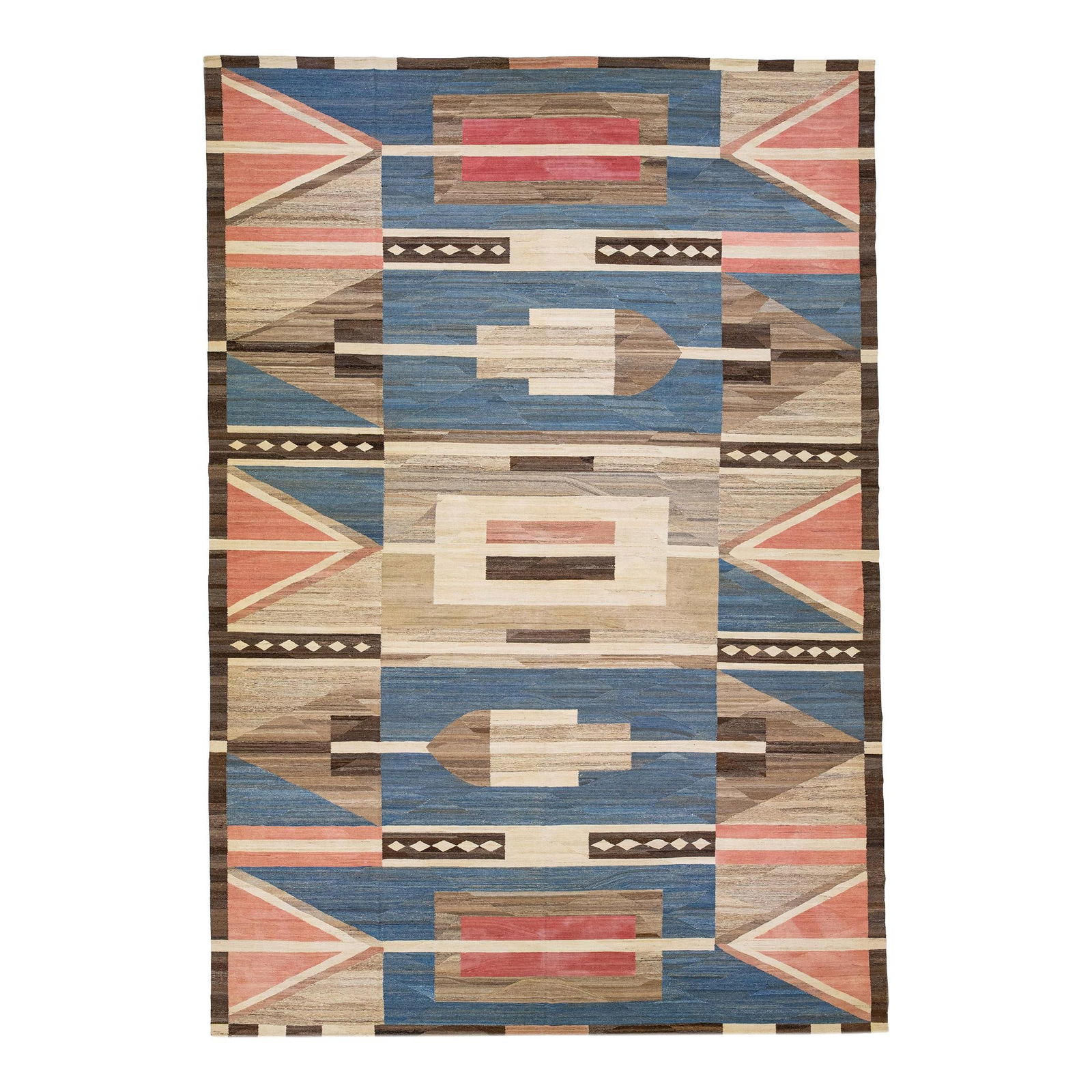 Multicolor Modern Kilim Wool Rug 13'4 x 19'6 Geometric Design: Multicolor Modern Kilim Wool Rug 13'4 x 19'6 Geometric Design Enhance your living space with this stunning multicolor modern Kilim wool rug, featuring a captivating brown field complemented by blue an