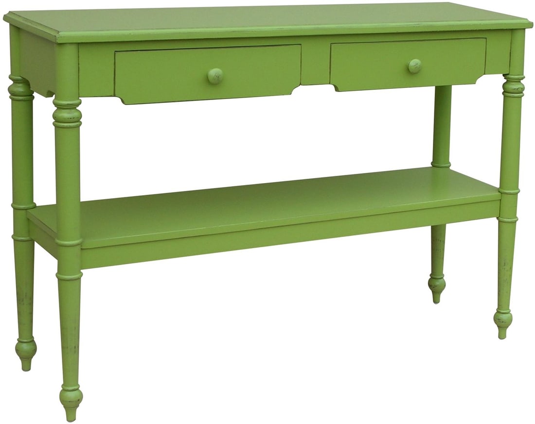 Trade Winds Provence Console Apple Green Transitional Table 36H 50W 15D: Trade Winds Provence Console Apple Green Transitional Table 36H 50W 15D Introducing the Provence Console, a stunning piece that seamlessly blends antique charm with modern elegance. This console table