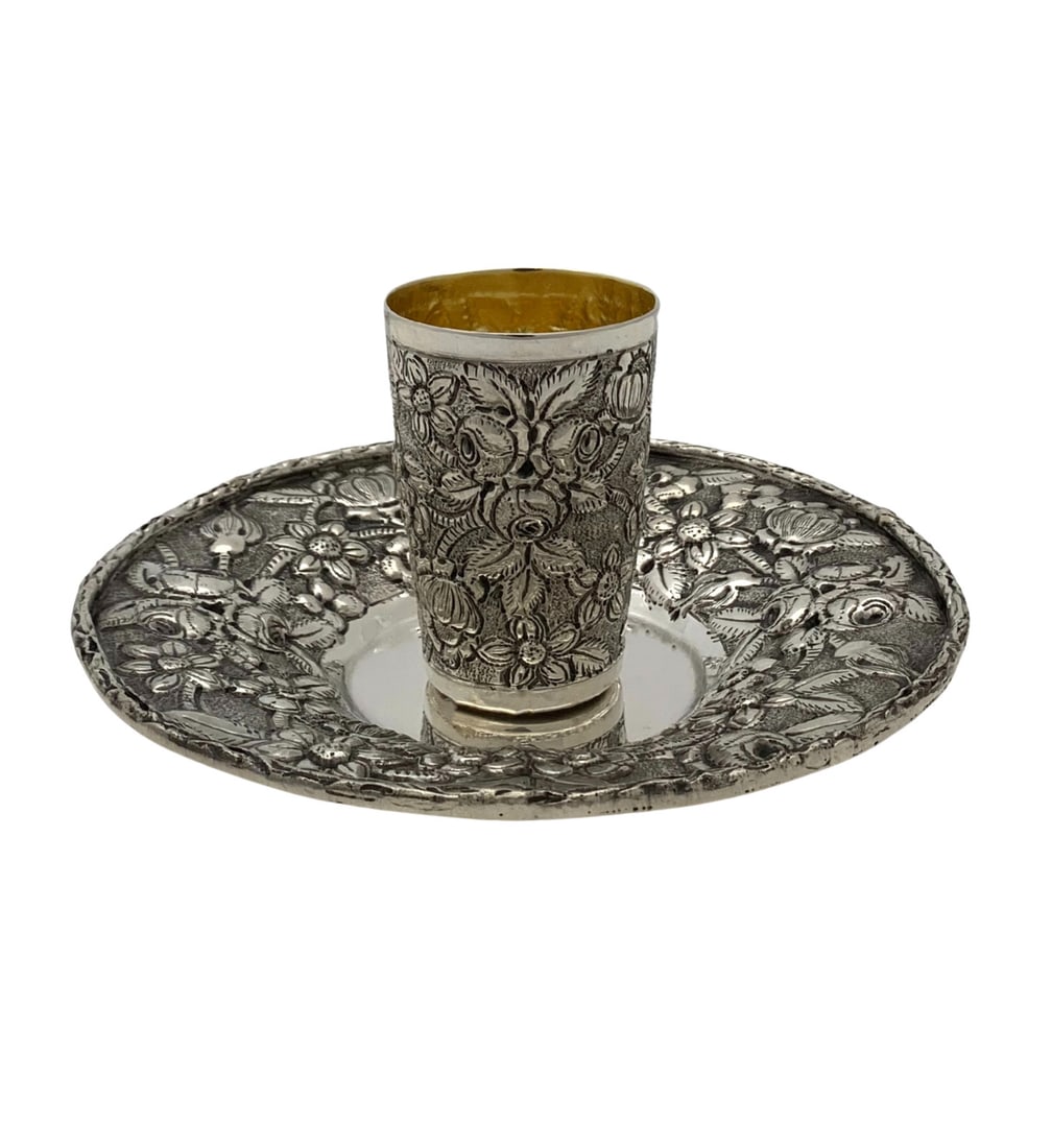 Handmade Italian 925 Sterling Silver Floral Cup and Tray Set (1 of 4)