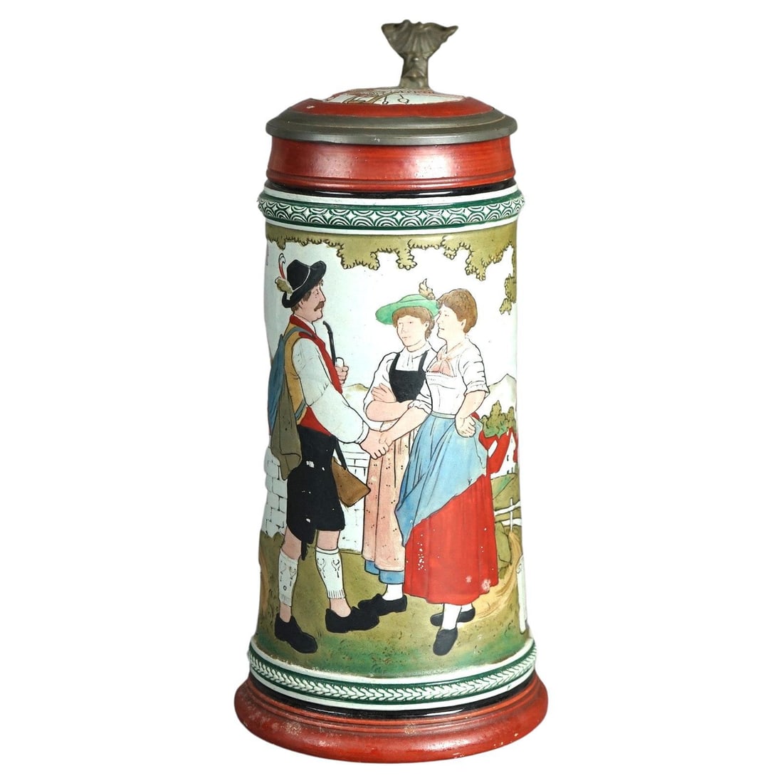 Circa 1900 Antique German Musterschutz Arts & Crafts Pottery Stein: Circa 1900 Antique German Musterschutz Arts & Crafts Pottery Stein This antique pottery stein, crafted in Germany around 1900, exemplifies the Art & Crafts movement. It features a scenic depiction of