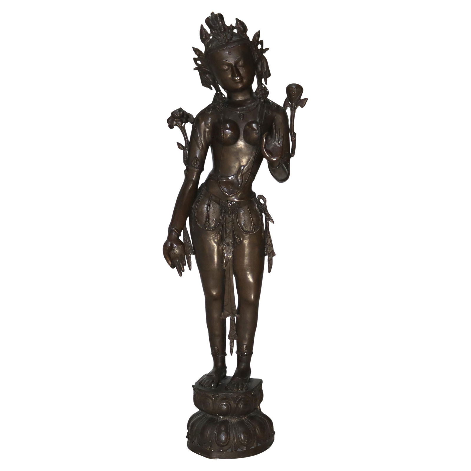 20th Century Bronze Parvati Hindu Goddess Sculpture from Nepal: 20th Century Bronze Parvati Hindu Goddess Sculpture from Nepal This exquisite bronze sculpture portrays Parvati, a revered Hindu goddess, from Nepal, dating back to the 20th century. Standing at a hei