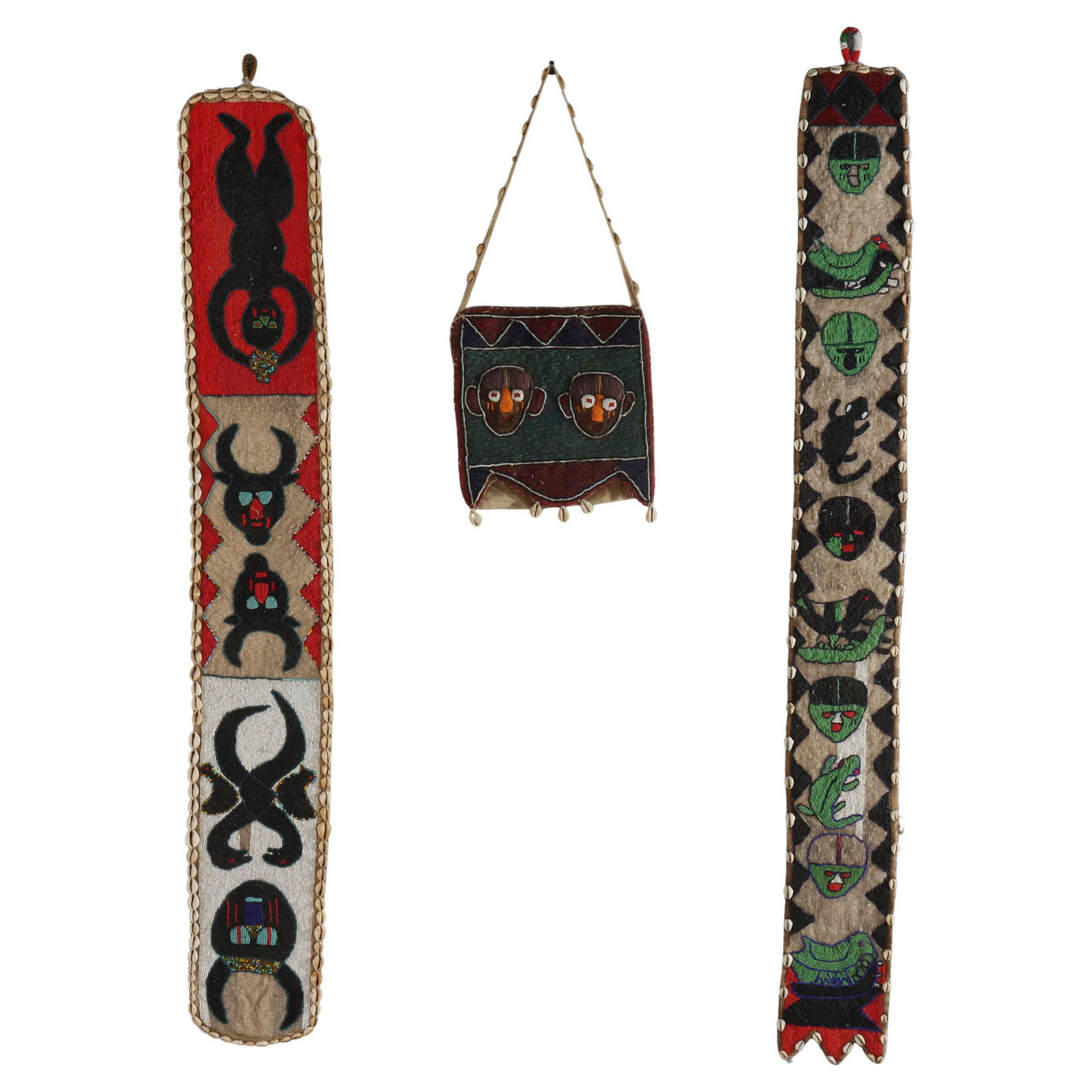 Set of 3 Yoruba Beaded Figural Sashes and Bag with Shells 19th Century Nigeria (1 of 9)