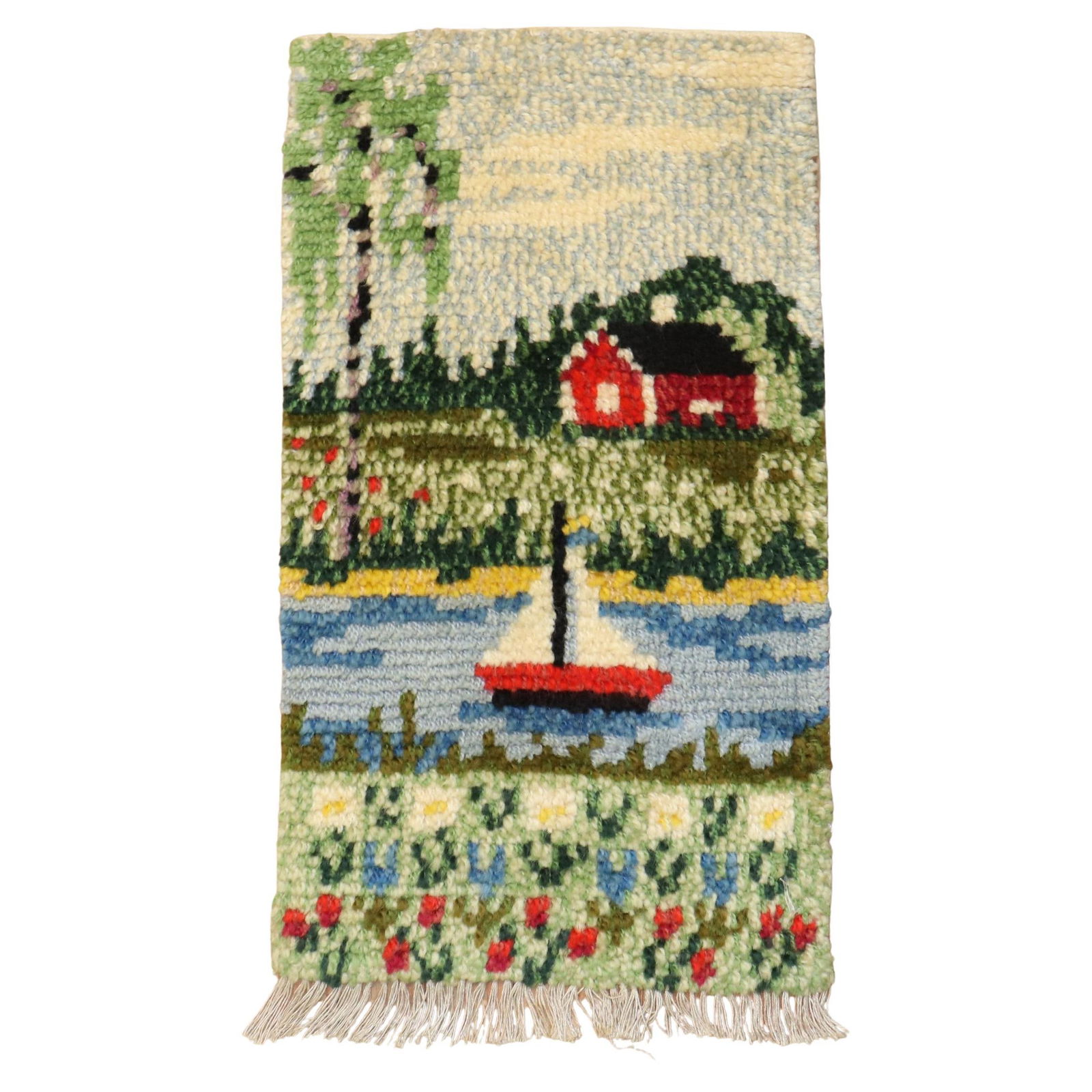 Chic Hand-Woven Swedish Rya Mini Rug 14 x 25 Wool Pictorial Motif (1 of 5)