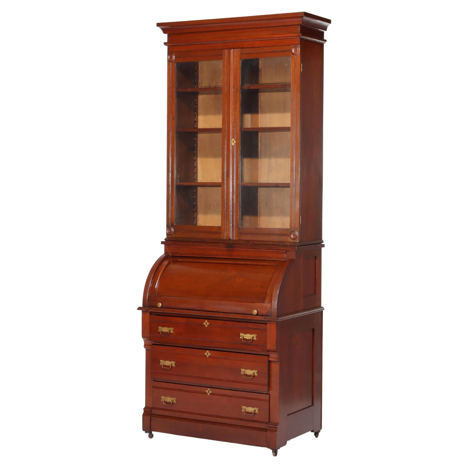 Antique Eastlake Walnut Cylinder Roll Top Desk 1890 with Bookcase: Antique Eastlake Walnut Cylinder Roll Top Desk 1890 with Bookcase This exquisite Antique Eastlake Walnut Cylinder Roll Top Desk, crafted around 1890, embodies the elegance and craftsmanship of the Eas