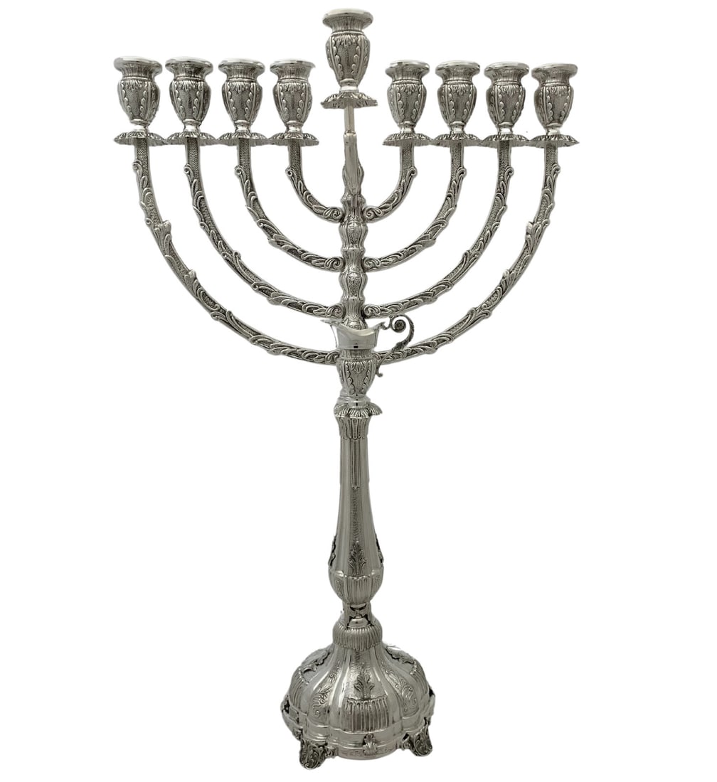 Ornate 925 Sterling Silver Handmade Chanukah Menorah with Leaf Applique (1 of 5)