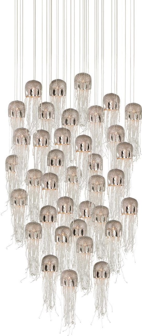 Currey & Co Medusa Pendant Light 36 Bulbs Adjustable Height: Currey & Co Medusa Pendant Light 36 Bulbs Adjustable Height Illuminate your space with the stunning Currey & Co Nickel Medusa Pendant, featuring an impressive 36 lights. This elegant multi-drop pendan