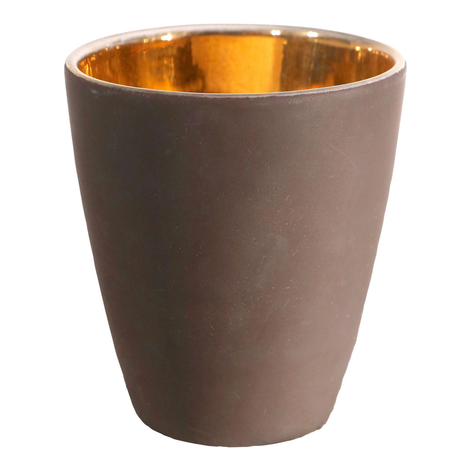 Art Deco Mid Century Brown Gold Luster Vase with Crossed Arrow Mark: Art Deco Mid Century Brown Gold Luster Vase with Crossed Arrow Mark This exquisite Mid Century Art Deco vase showcases a sophisticated design with a matte brown exterior and a striking gold luster int