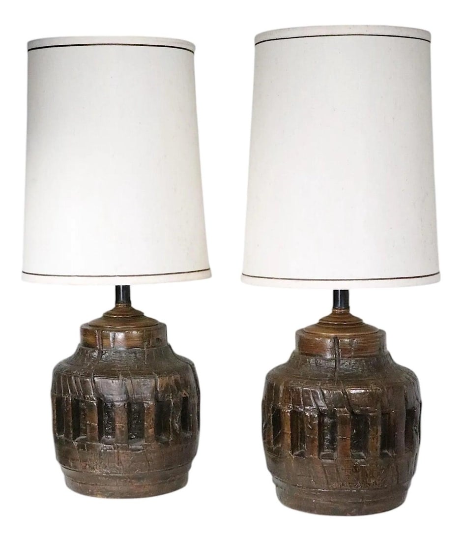 Pair of 1970s Rustic Brutalist Ceramic Wagon Wheel Table Lamps (1 of 10)