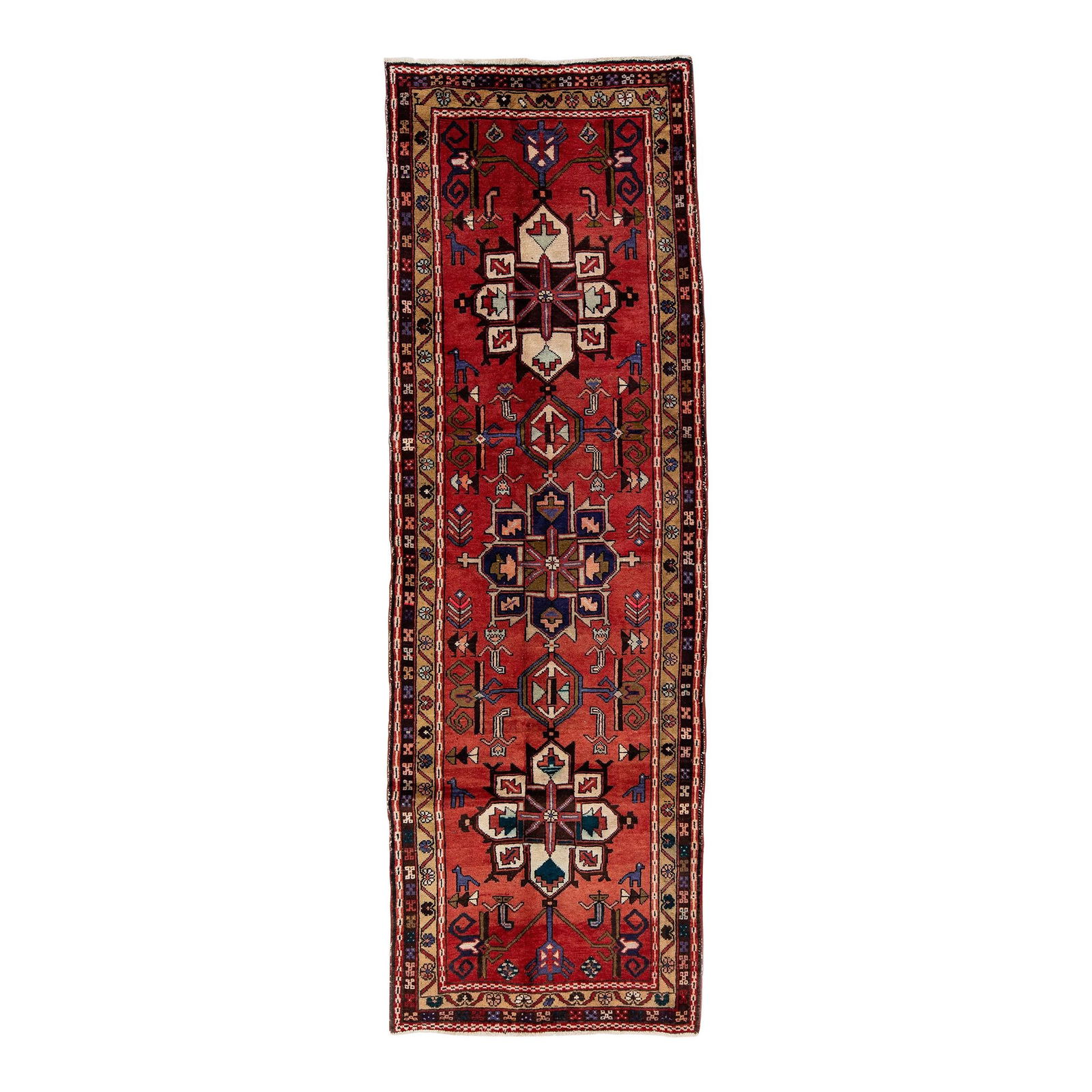 1960s Persian Heriz Red Hand-Knotted Wool Medallion Runner 3'4 x 10' (1 of 7)