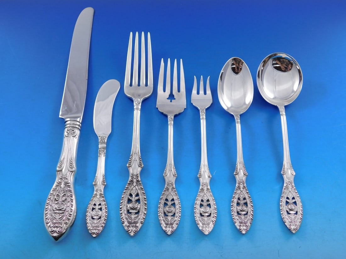 Manchester Valenciennes Sterling Silver Flatware Set 62 pcs with Storage Chest: Manchester Valenciennes Sterling Silver Flatware Set 62 pcs with Storage Chest Enhance your dining experience with this exquisite 62-piece Sterling Silver Flatware Set from Manchester, featuring the e